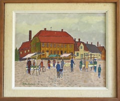 1957 Mid Century Modern Street Scene Ölgemälde - Markttag auf dem Platz