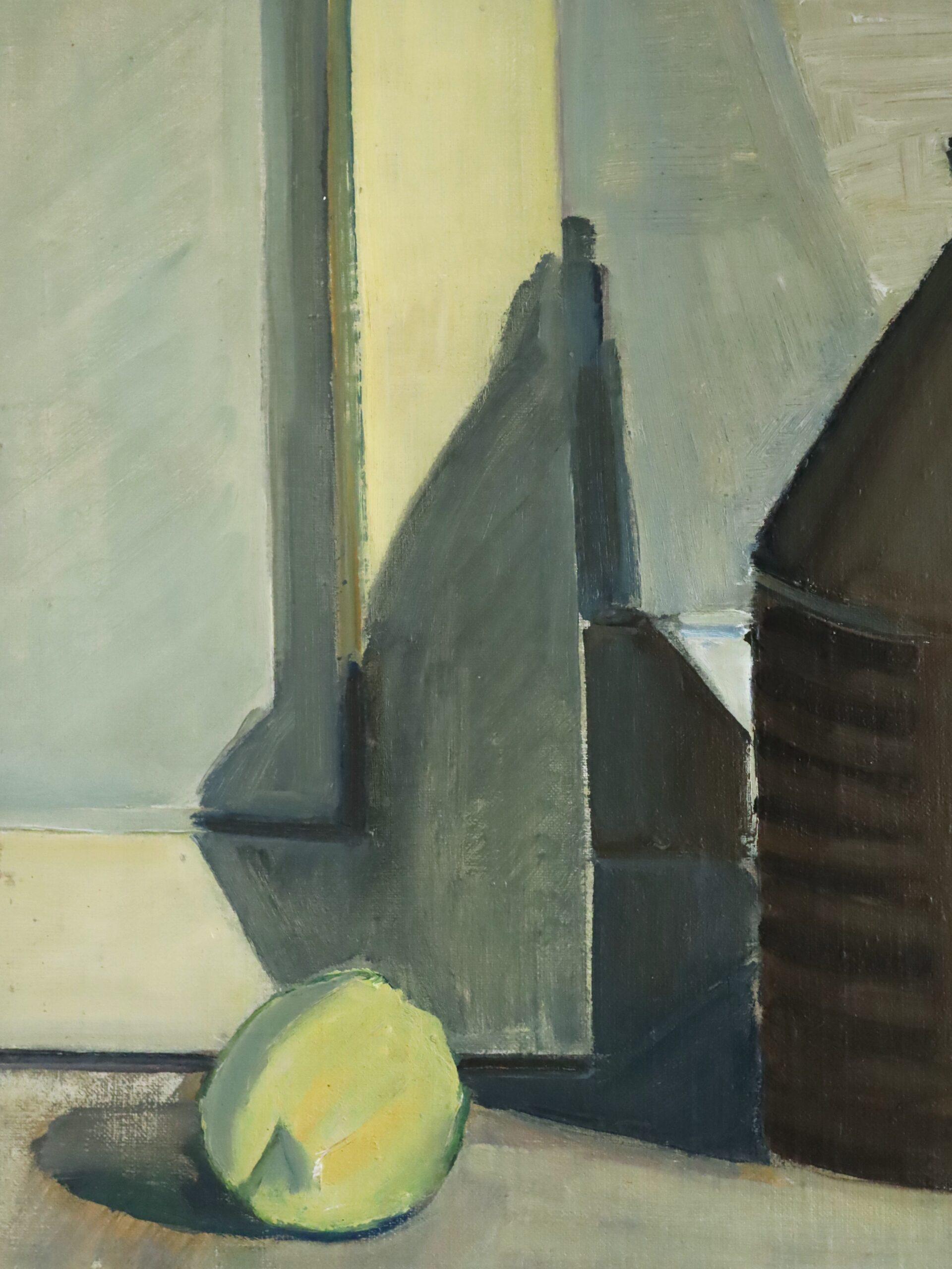 1957 Pintura al óleo sueca de bodegón expresivo de mediados del siglo XX - Jarra y limón en venta 5