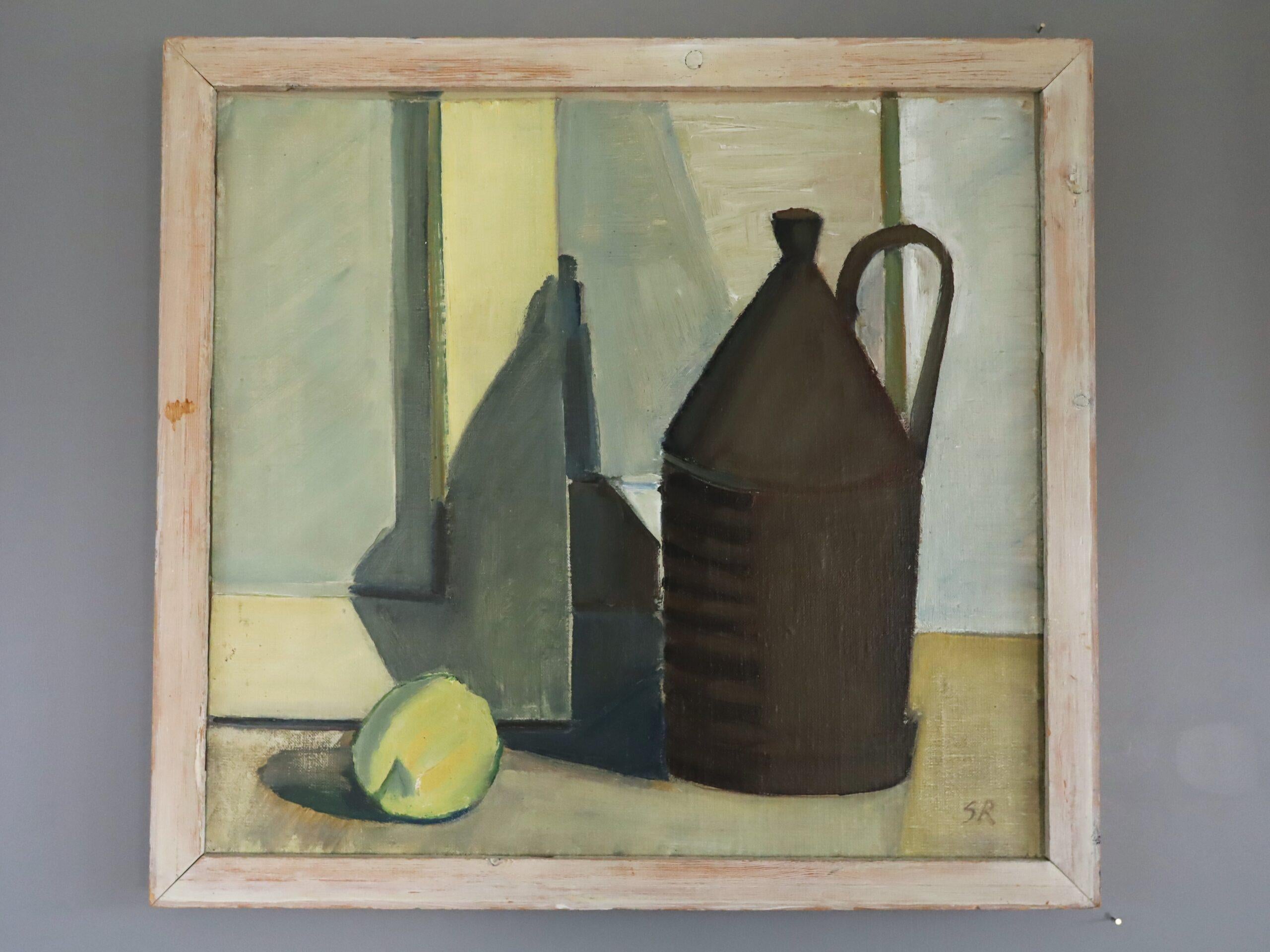 1957 Pintura al óleo sueca de bodegón expresivo de mediados del siglo XX - Jarra y limón - Painting de Unknown