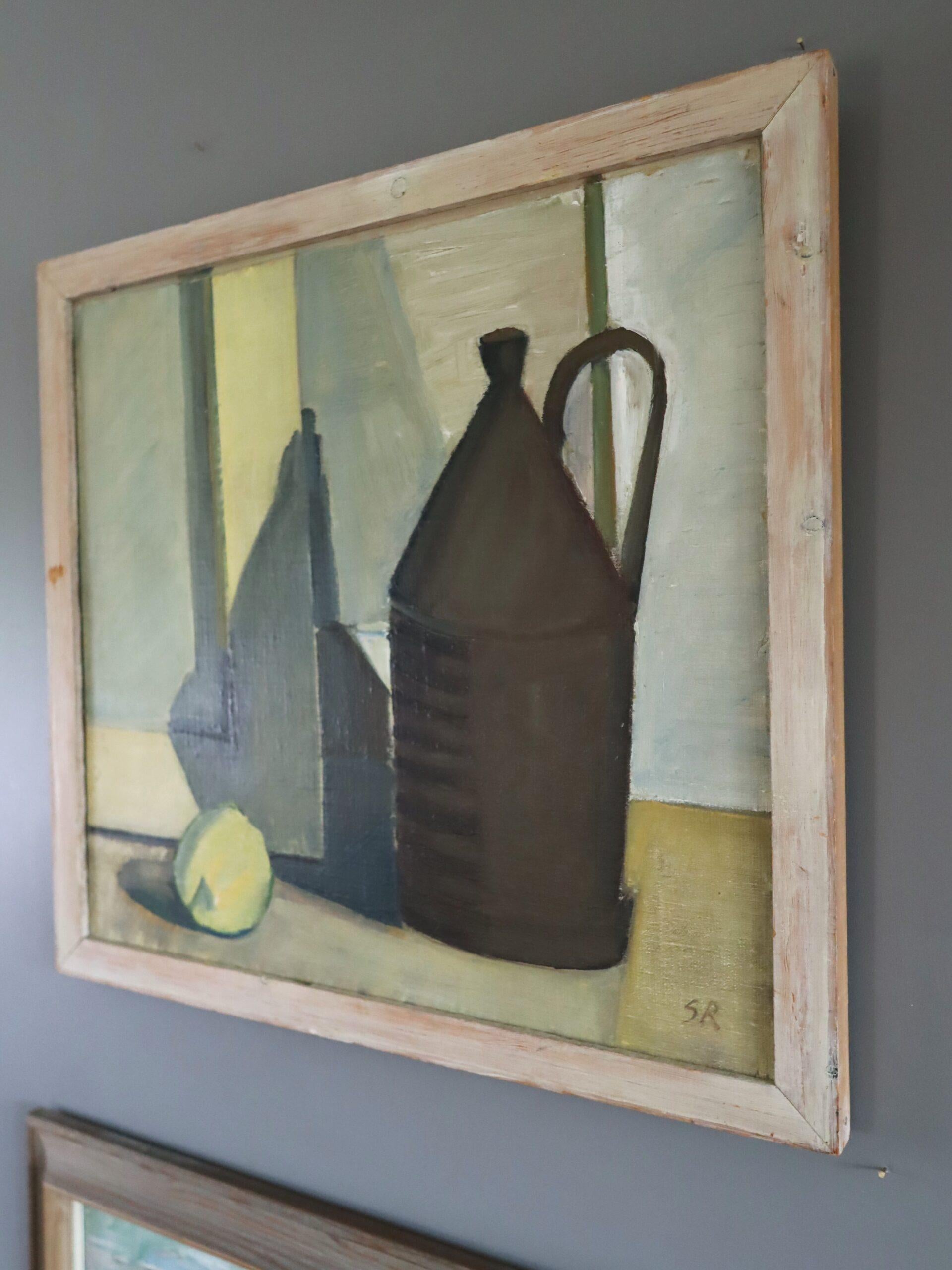 1957 Pintura al óleo sueca de bodegón expresivo de mediados del siglo XX - Jarra y limón en venta 1