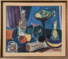 1957 Mid-Century Modern Swedish Framed Oil Painting - Interior with Objects