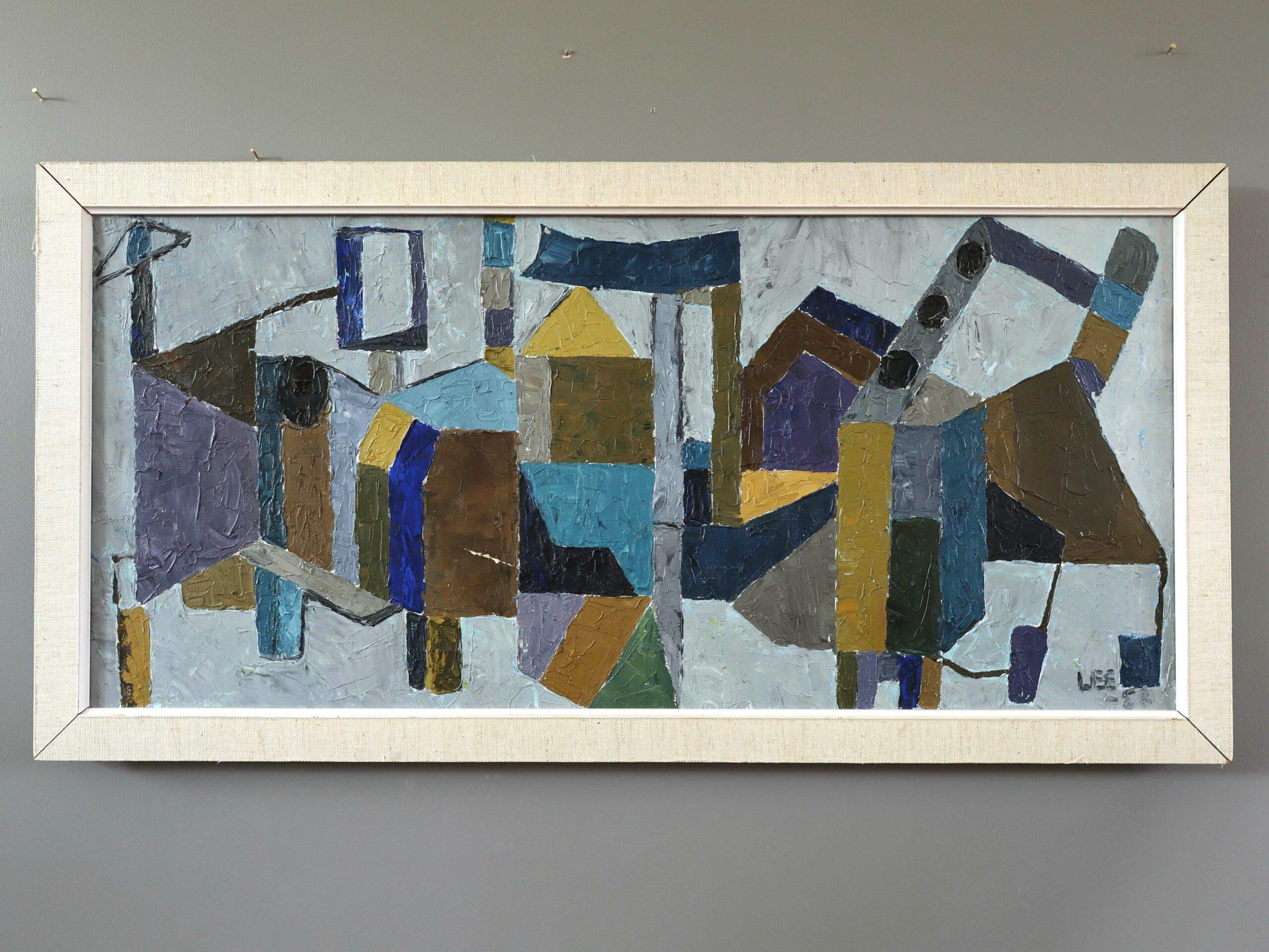1957 Pittura ad olio astratta d'epoca Mid Century Modern - Astrazione industriale - Painting di Unknown