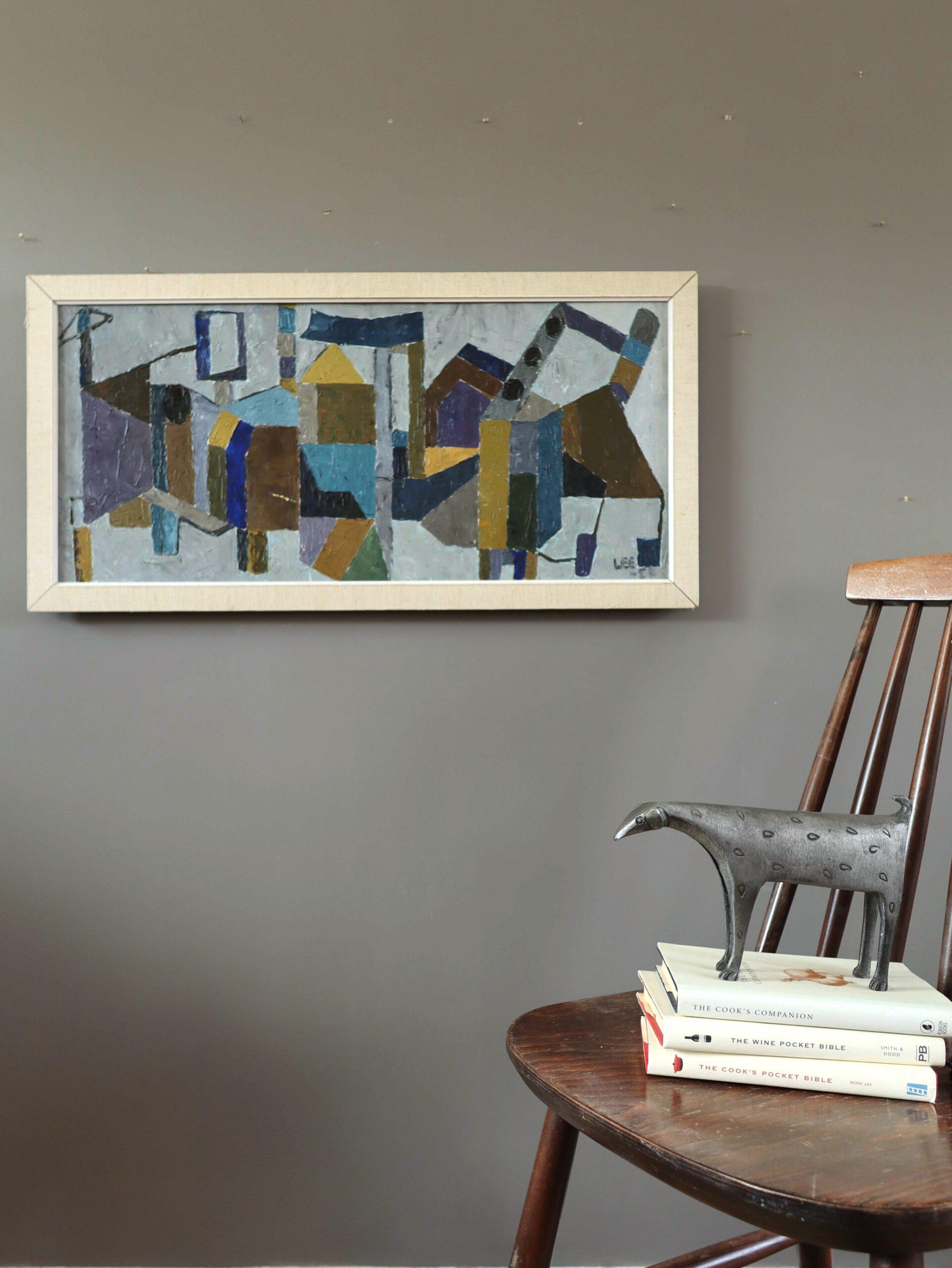 1957 Pittura ad olio astratta d'epoca Mid Century Modern - Astrazione industriale - Abstract Painting Grigio di Unknown