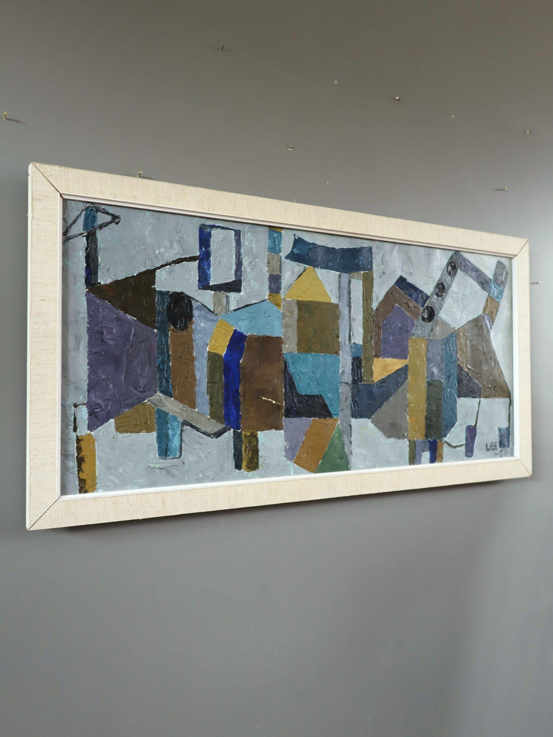 ASTRAZIONE INDUSTRIALE
Dimensioni: 35,5 x 70 cm (cornice inclusa)
Olio su tela

Una composizione astratta di metà secolo brillantemente composta, dipinta su tela e datata 1957.

Questo quadro è una composizione astratta con un'influenza cubista,