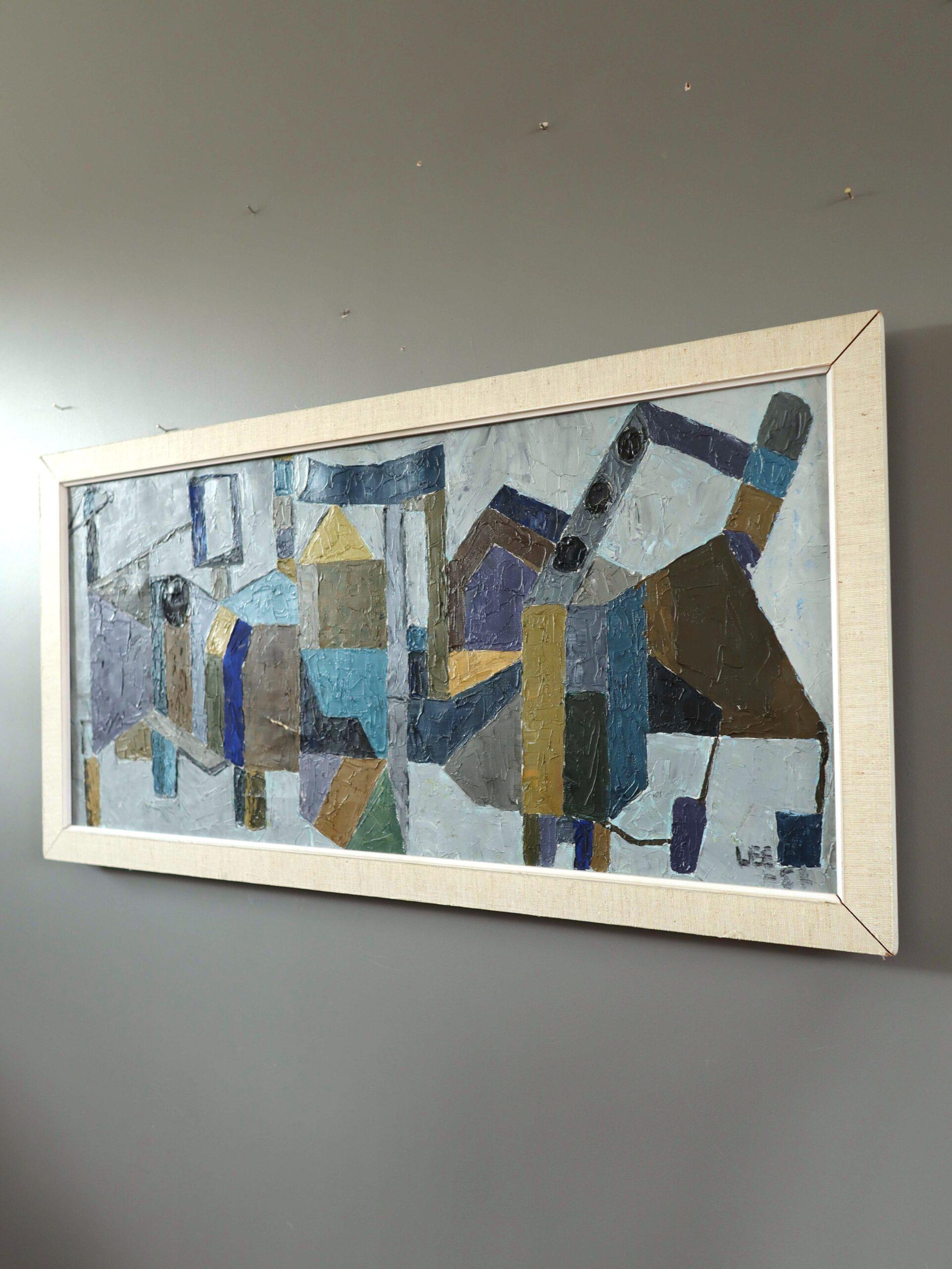 1957 Pittura ad olio astratta d'epoca Mid Century Modern - Astrazione industriale 1