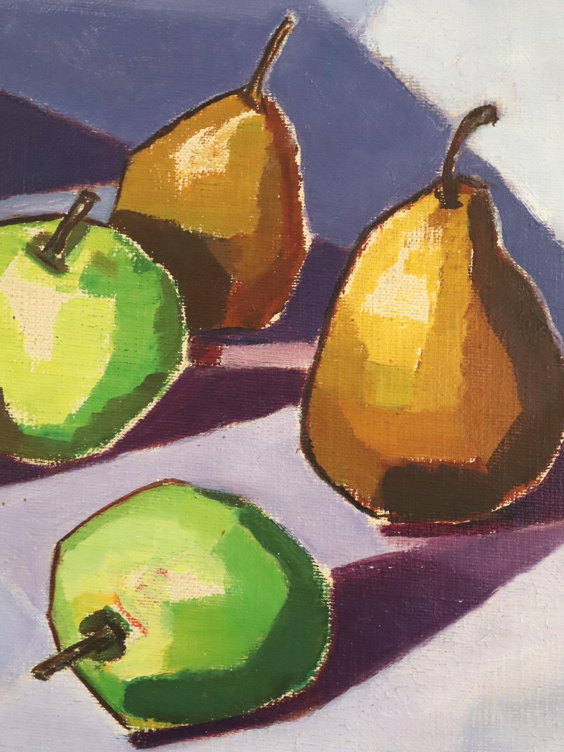 1957 Modernist Swedish Still Life Oil Painting - Green Apples & Golden Pears For Sale 7