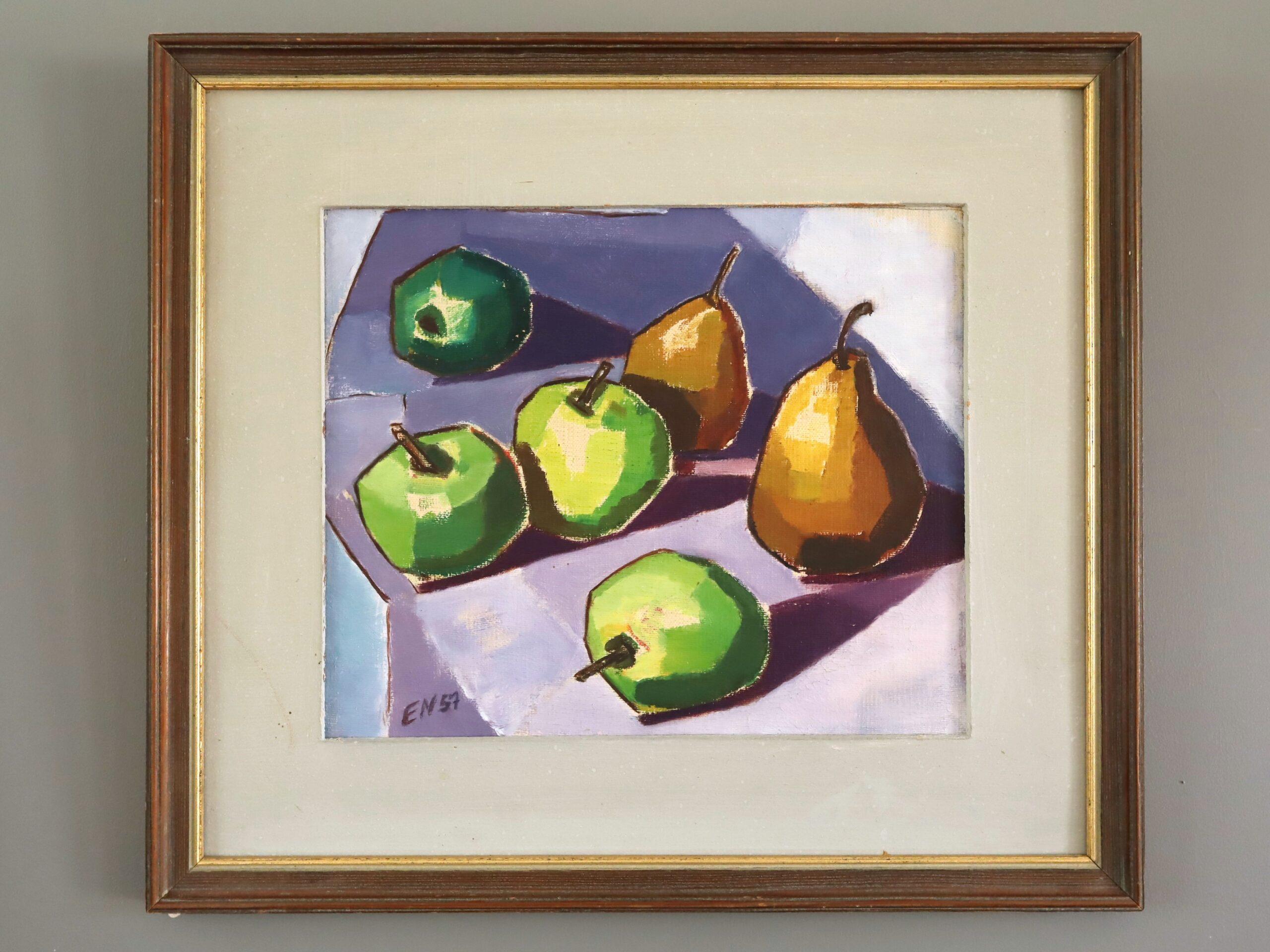 1957 Modernist Swedish Still Life Oil Painting - Green Apples & Golden Pears - Beige Still-Life Painting by Unknown