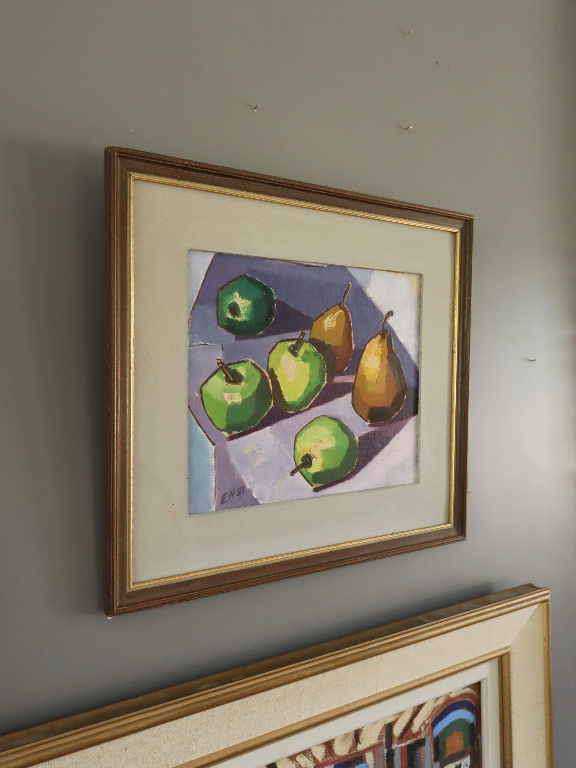 1957 Modernist Swedish Still Life Oil Painting - Green Apples & Golden Pears For Sale 1