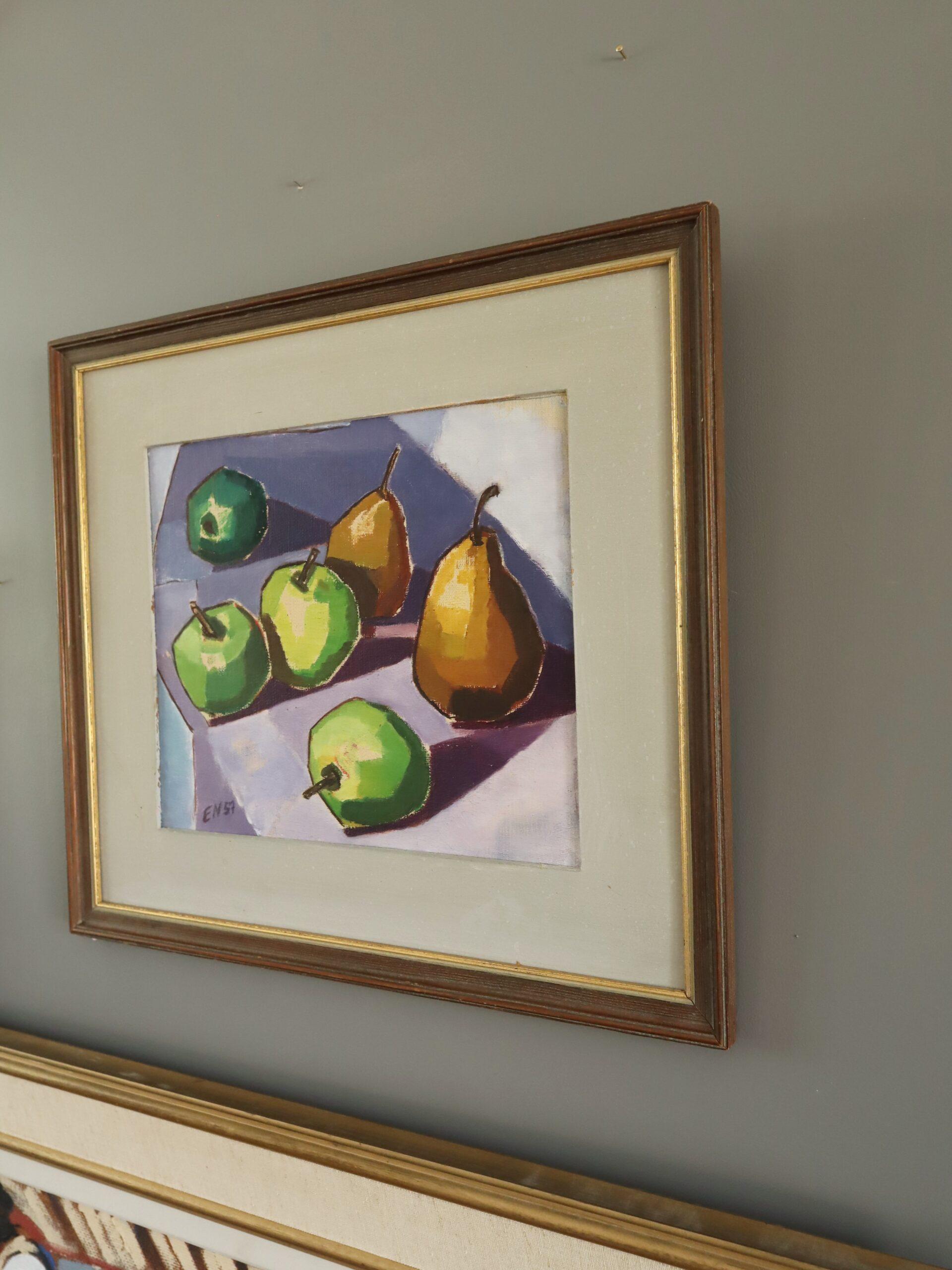 1957 Modernist Swedish Still Life Oil Painting - Green Apples & Golden Pears For Sale 2