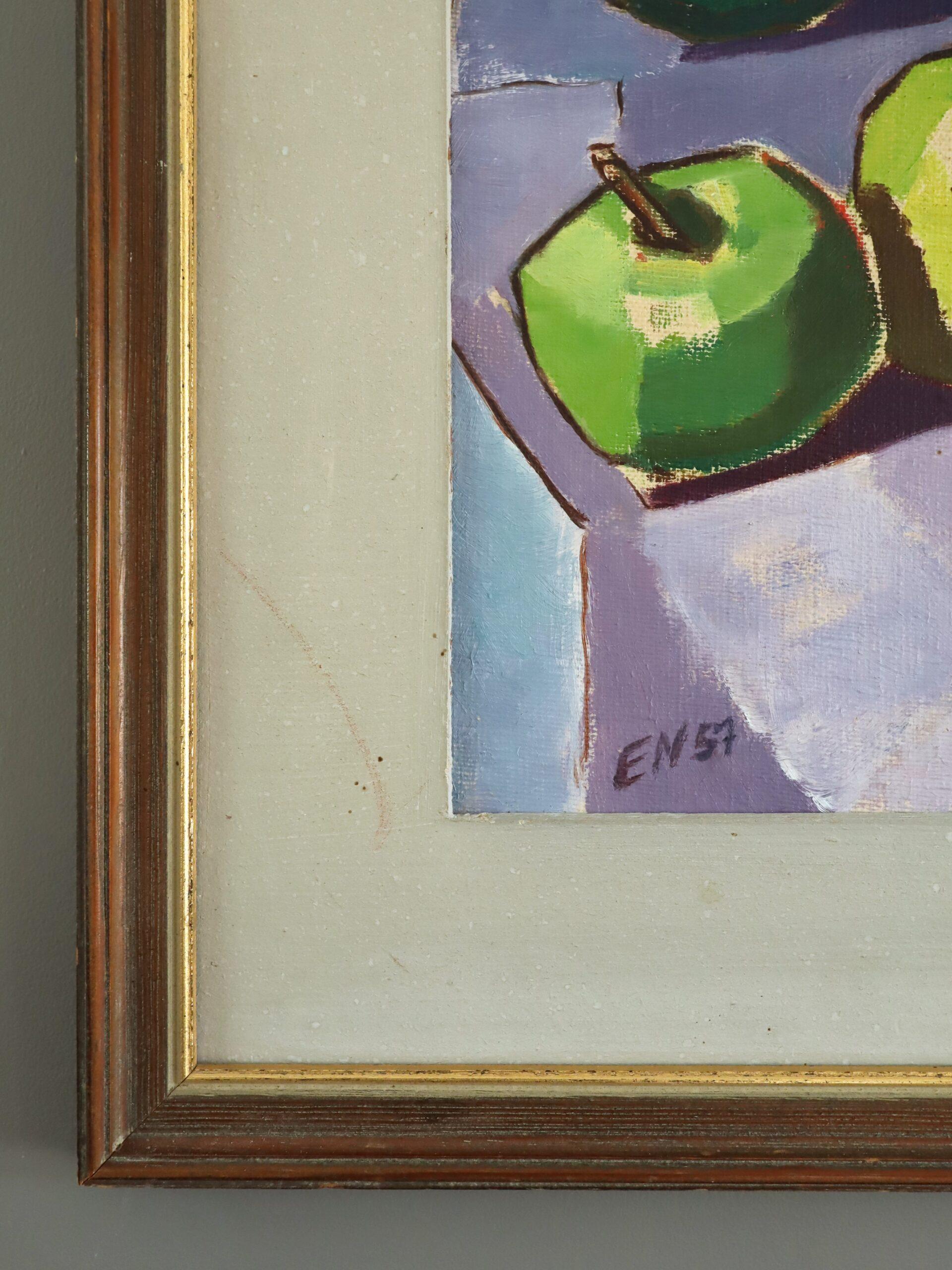 1957 Modernist Swedish Still Life Oil Painting - Green Apples & Golden Pears For Sale 3