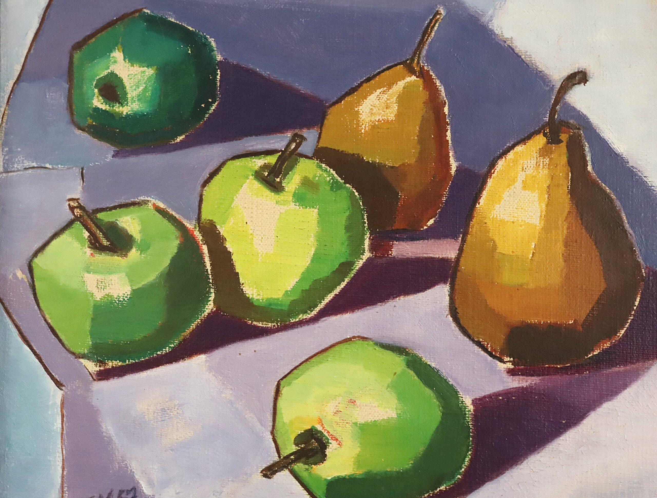 1957 Modernist Swedish Still Life Oil Painting - Green Apples & Golden Pears For Sale 5