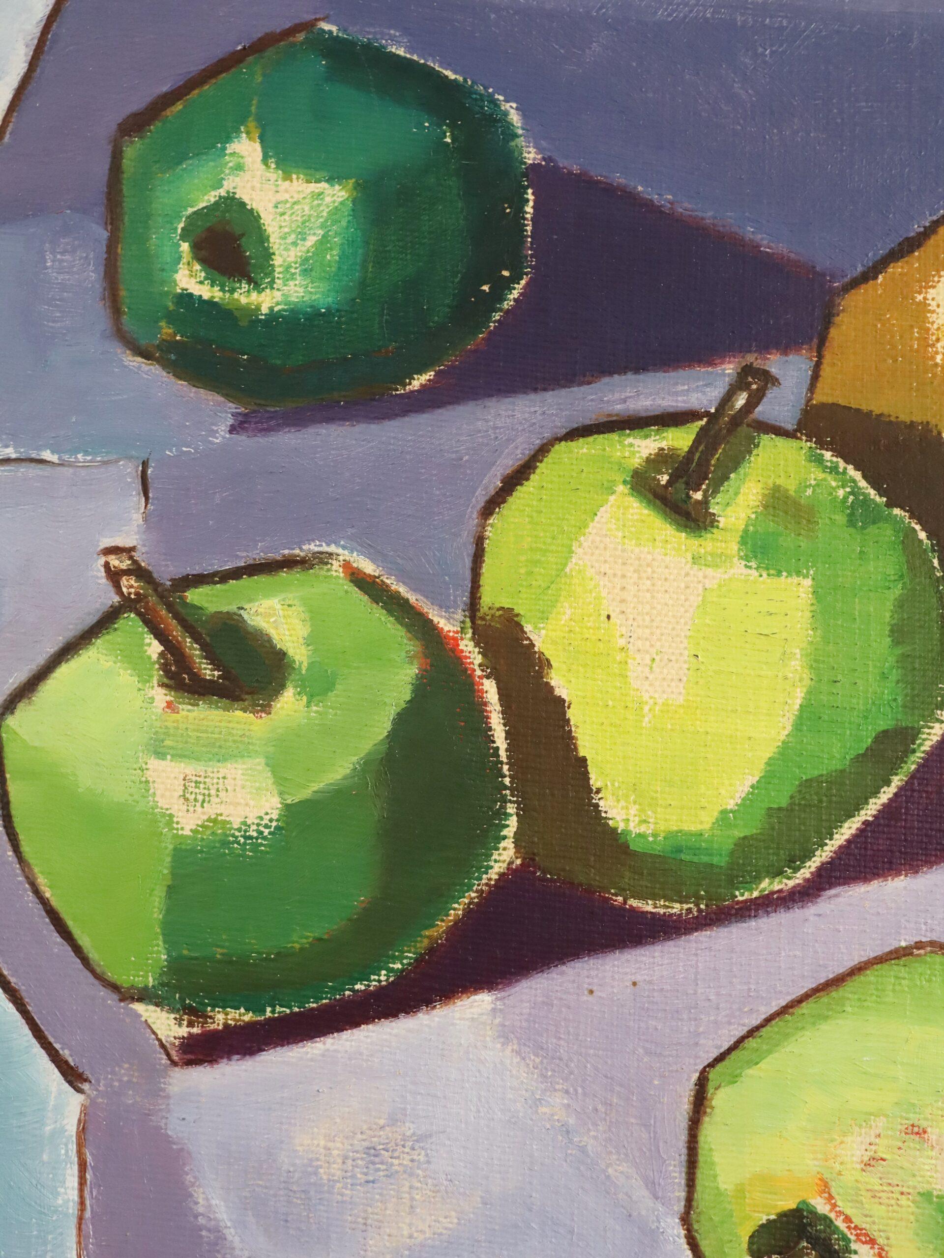 1957 Modernist Swedish Still Life Oil Painting - Green Apples & Golden Pears For Sale 6