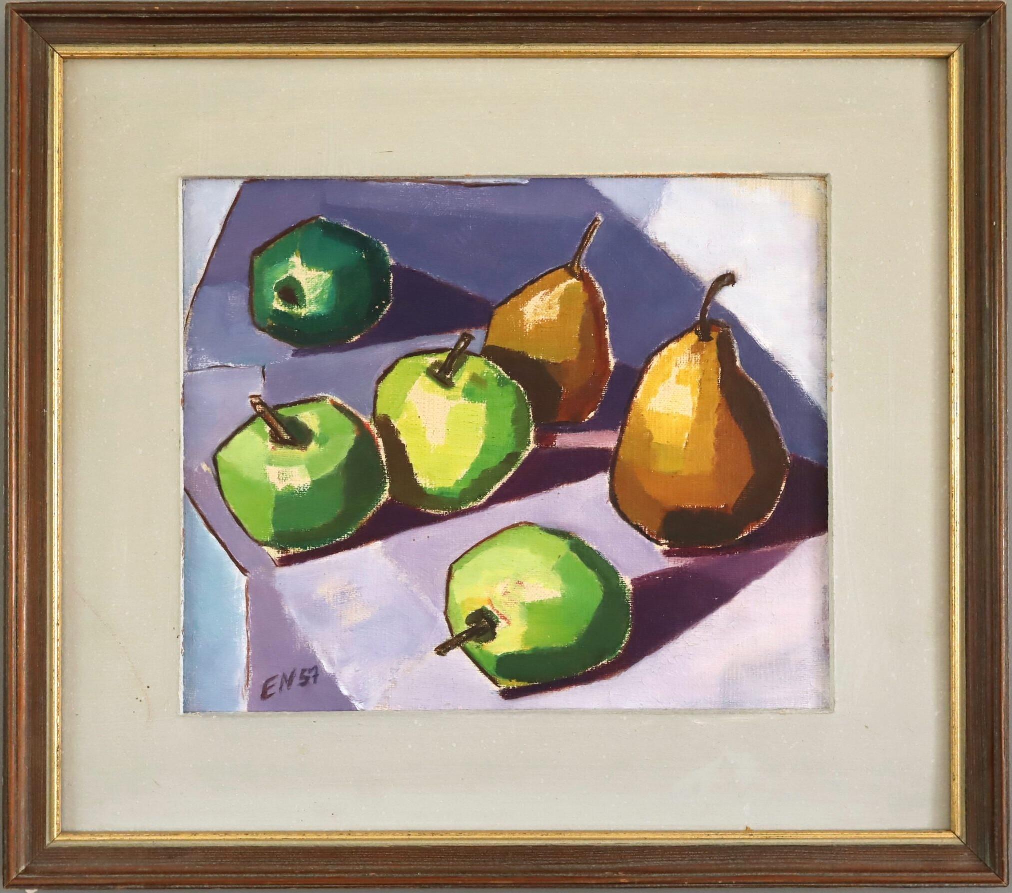Unknown Still-Life Painting - 1957 Modernist Swedish Still Life Oil Painting - Green Apples & Golden Pears