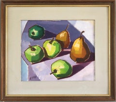 1957 Modernist Swedish Still Life Oil Painting - Green Apples & Golden Pears