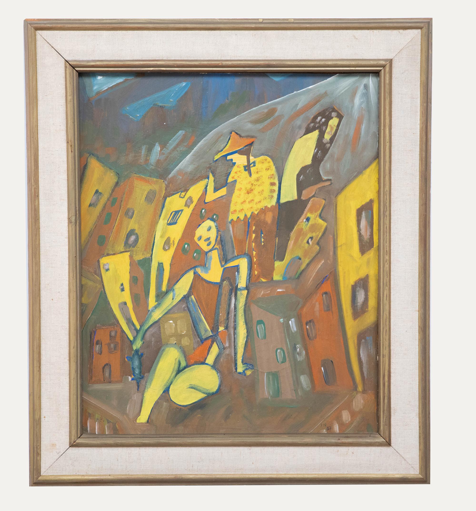 Abstract Painting di Unknown - 1957 Oil - Tre sono una folla