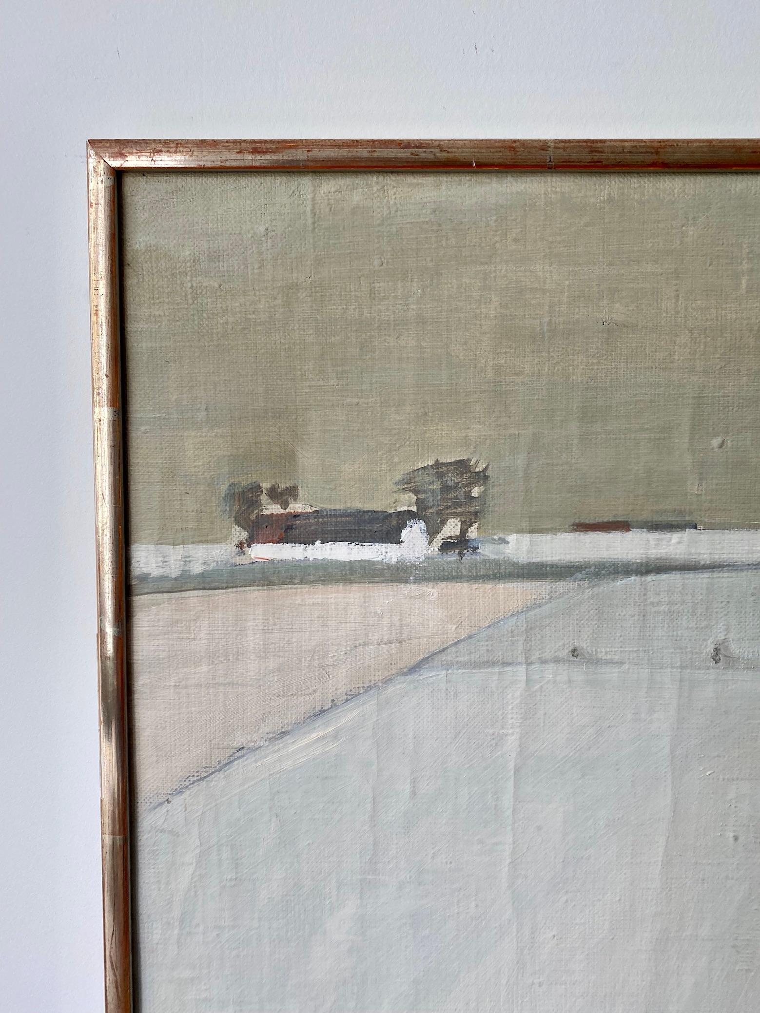 1957 Vintage Abstract Landscape Framed Oil Painting - White Winter - Gray Landscape Painting by Unknown