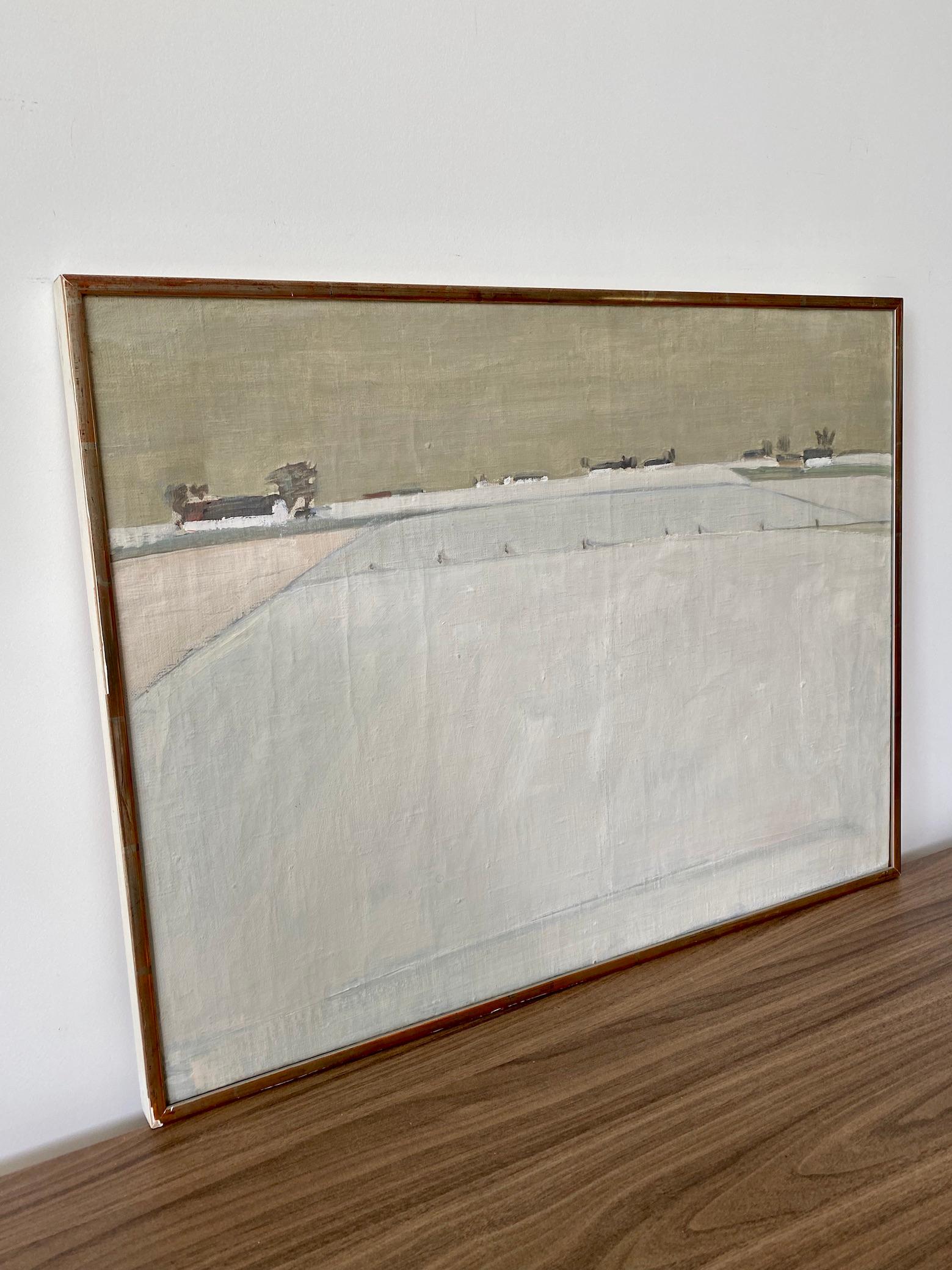 WHITE WINTER
Size: 50.5 x 65.5 cm (including frame)
Oil on Canvas

A semi abstract mid century oil on canvas of a winter landscape, painted in 1957.

In this painting the artist immediately draws our attention to the expansiveness of the snowy