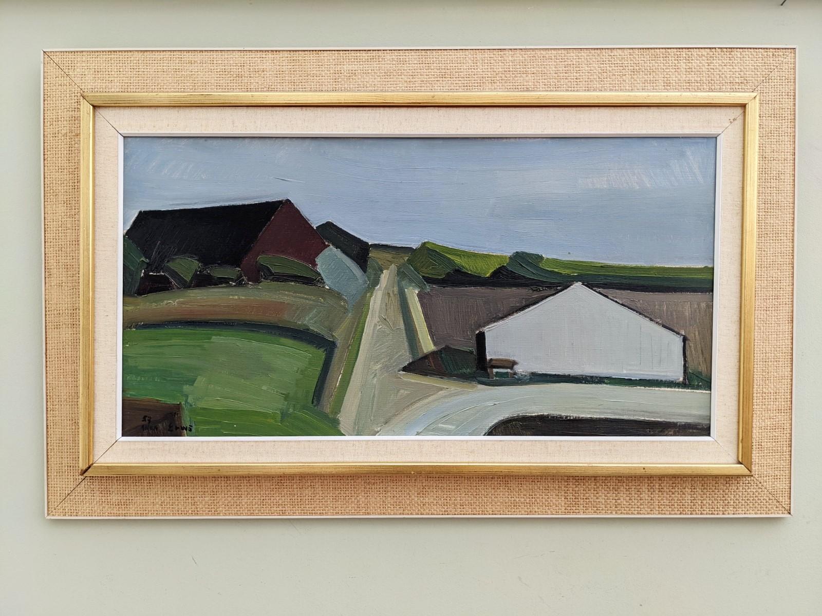 BARN HOUSES
Size: 54 x 86 cm (including frame)
Oil on canvas

An outstanding and very confidently executed modernist style landscape composition, executed in oil onto canvas and dated 1957.

This landscape scene is punctuated by 2 barn houses – one