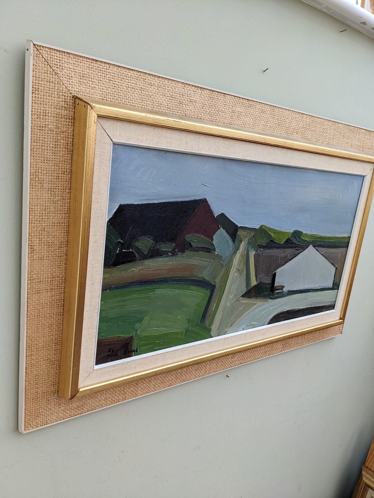1957 Vintage Mid Century Landscape Framed Swedish Oil Painting - Barn Houses 1