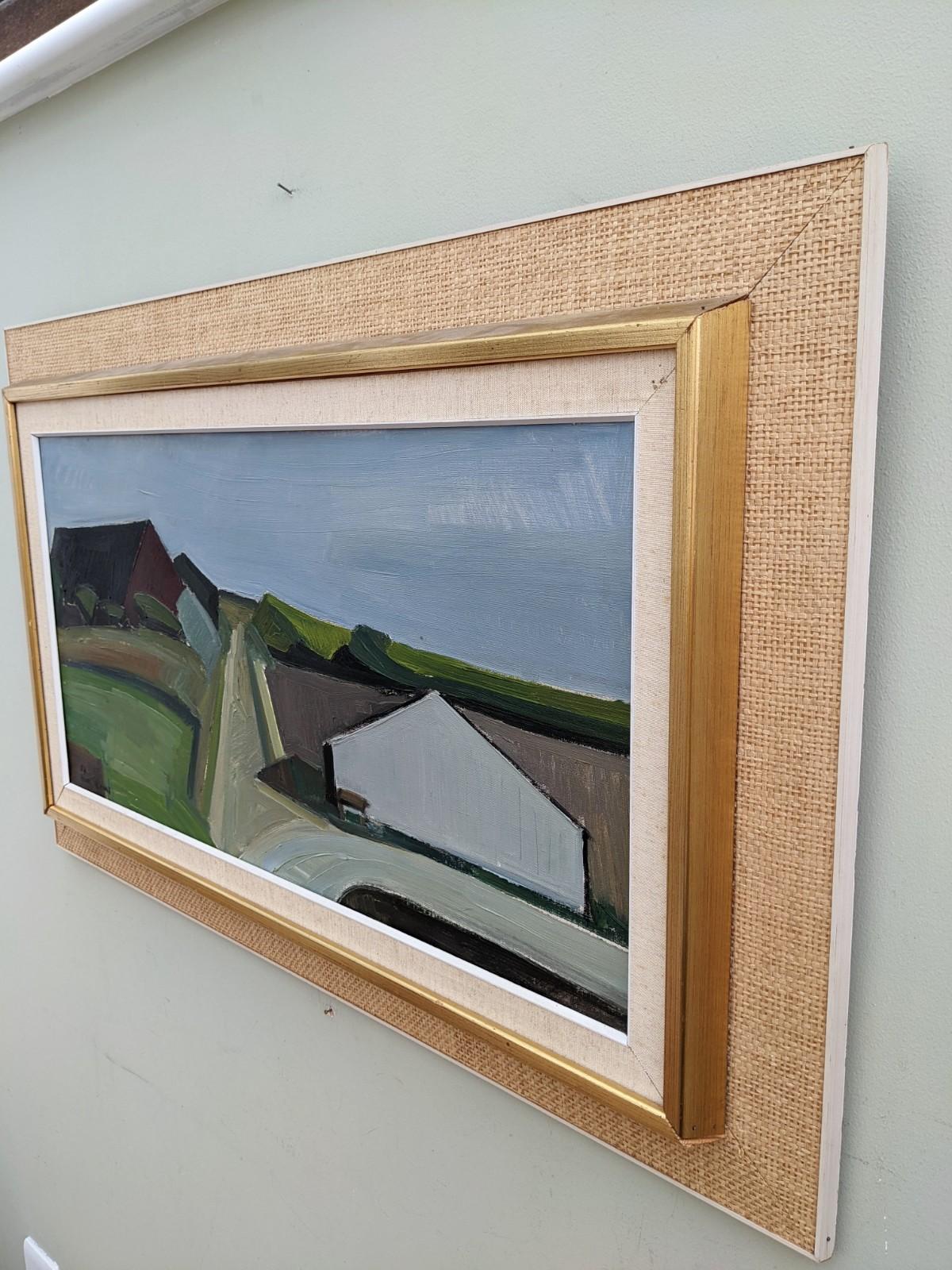 1957 Vintage Mid Century Landscape Framed Swedish Oil Painting - Barn Houses 2