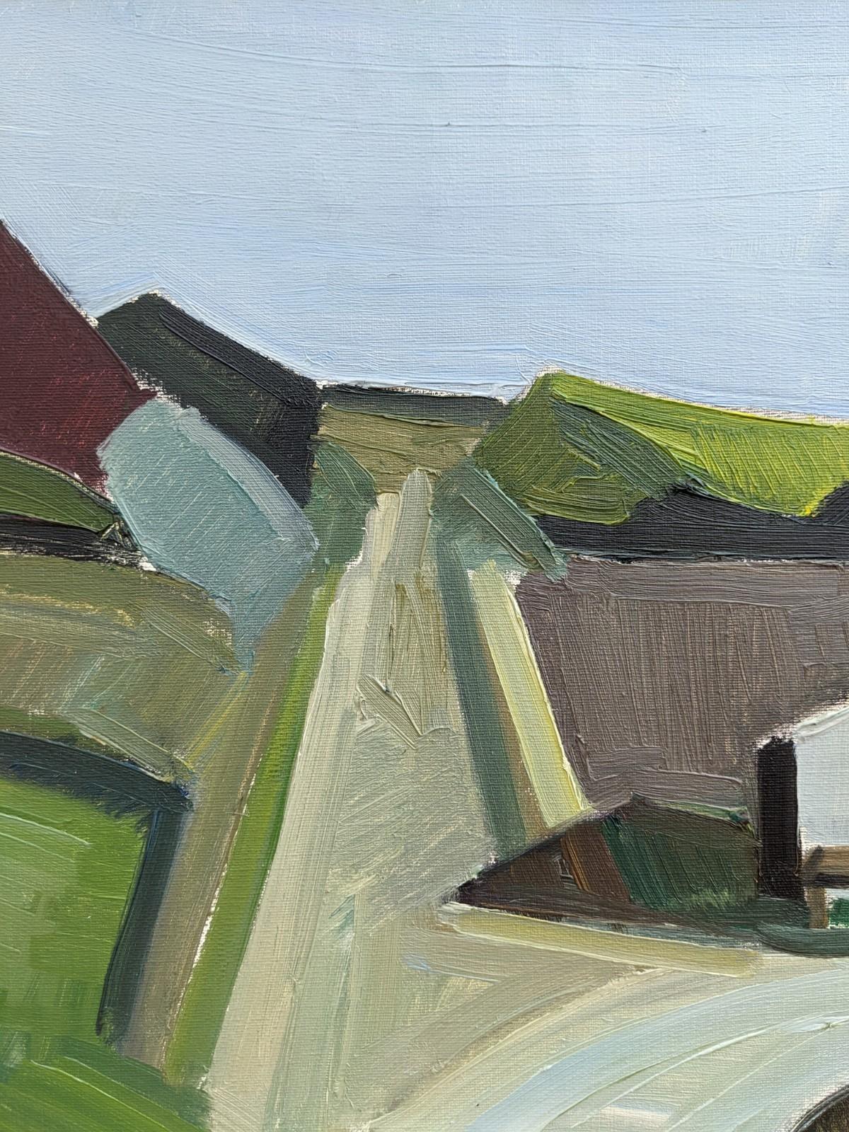 1957 Vintage Mid Century Landscape Framed Swedish Oil Painting - Barn Houses 5