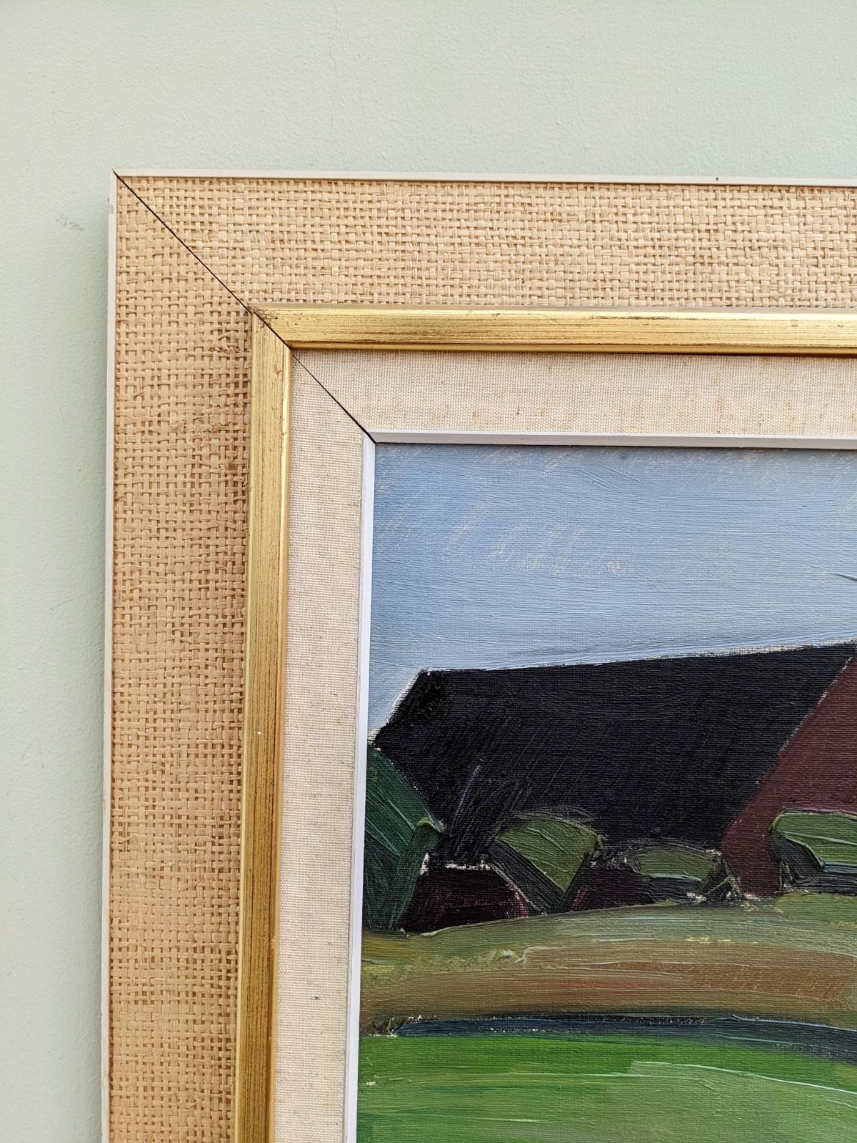 1957 Vintage Mid Century Landscape Framed Swedish Oil Painting - Barn Houses 6