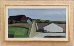 Peinture à l'huile suédoise vintage encadrée d'un paysage du milieu du siècle dernier, Barn Houses, 1957