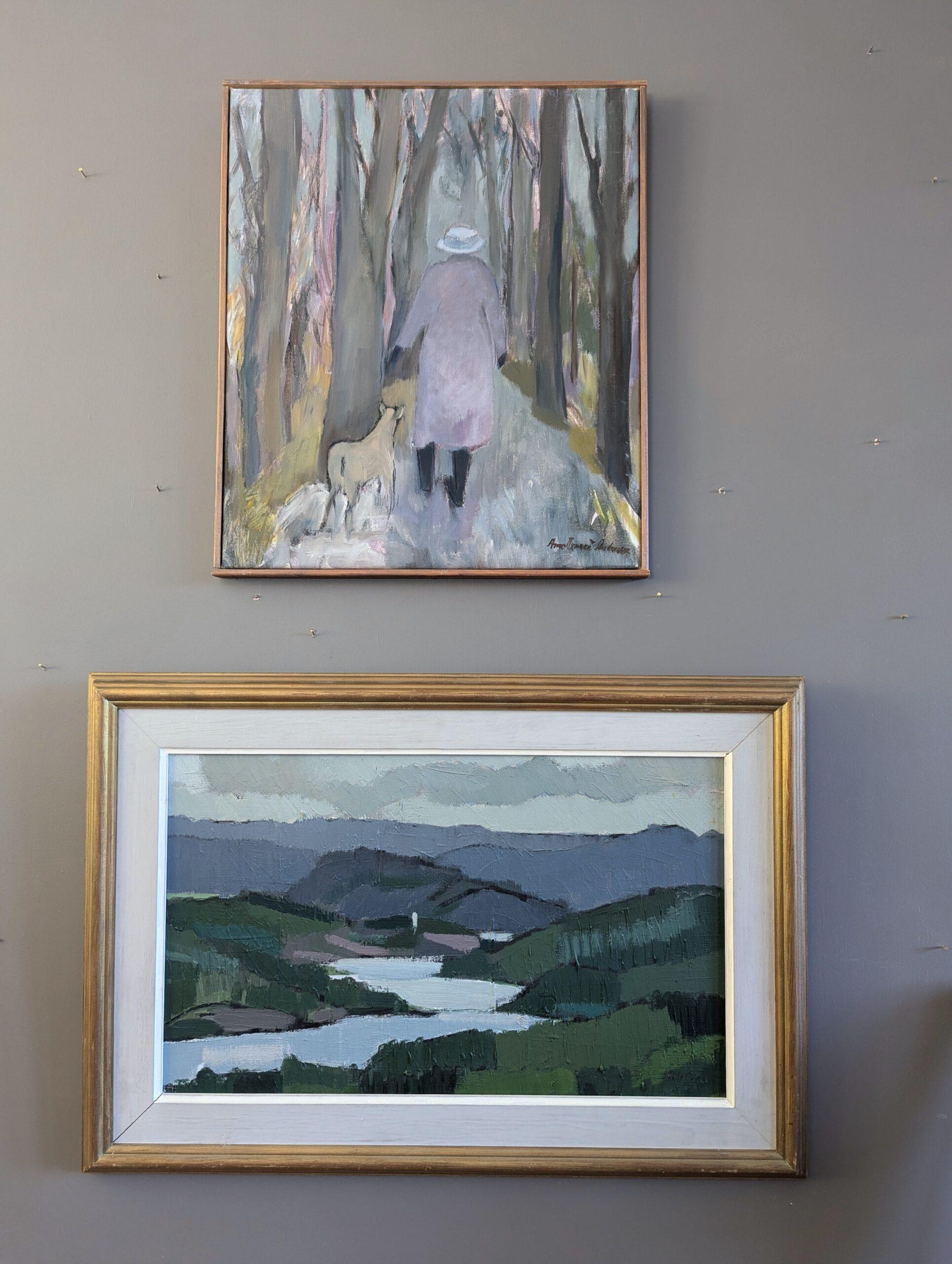 1957 Vintage Mid-Century Modern Abstrakte Landschaft Ölgemälde -Modernist Fluss, Vintage (Grau), Landscape Painting, von Unknown