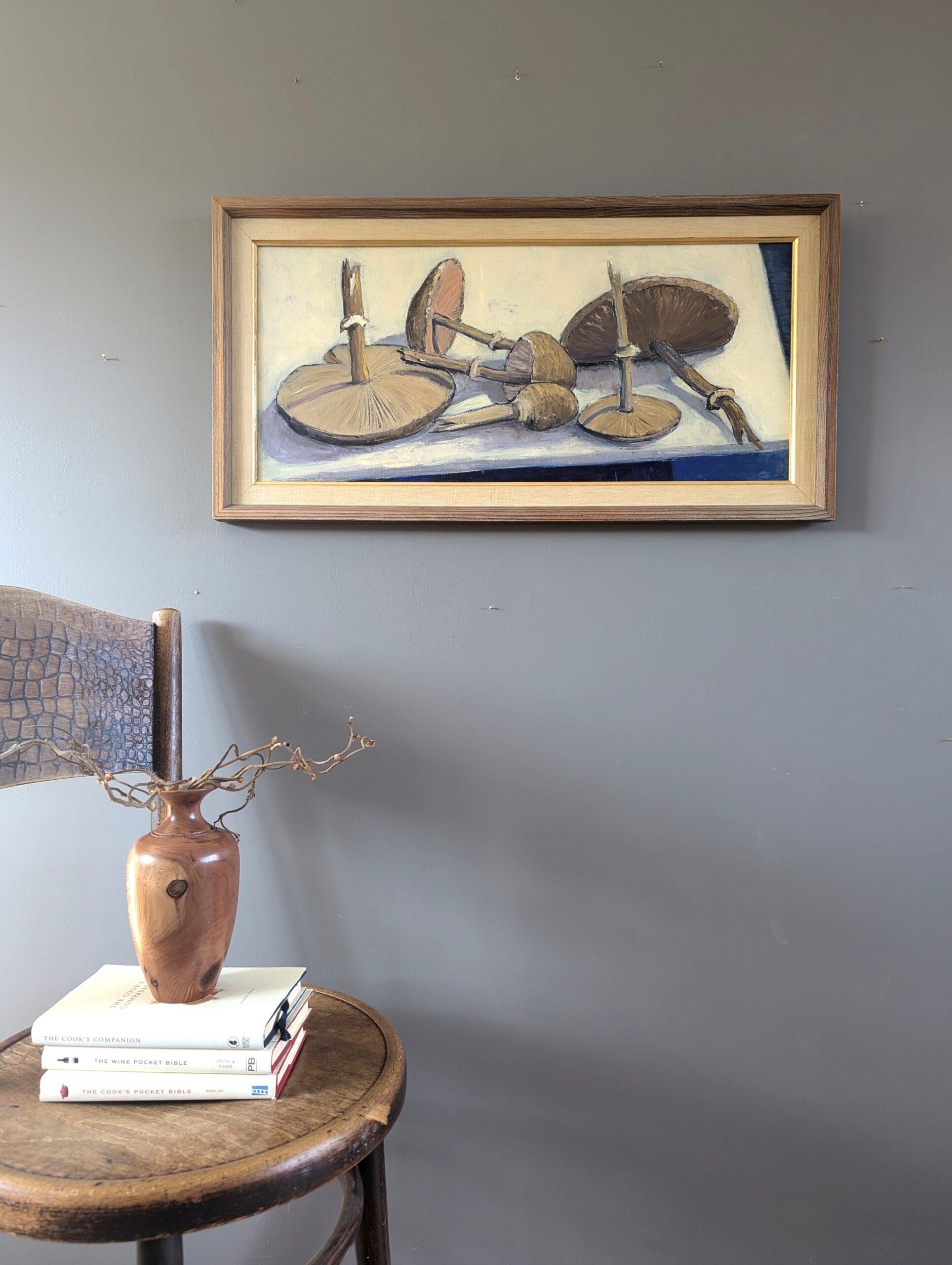 1957 Vintage Mid-Century Modern Original-Ölgemälde, Stillleben mit Fungi, Vintage (Moderne), Painting, von Unknown