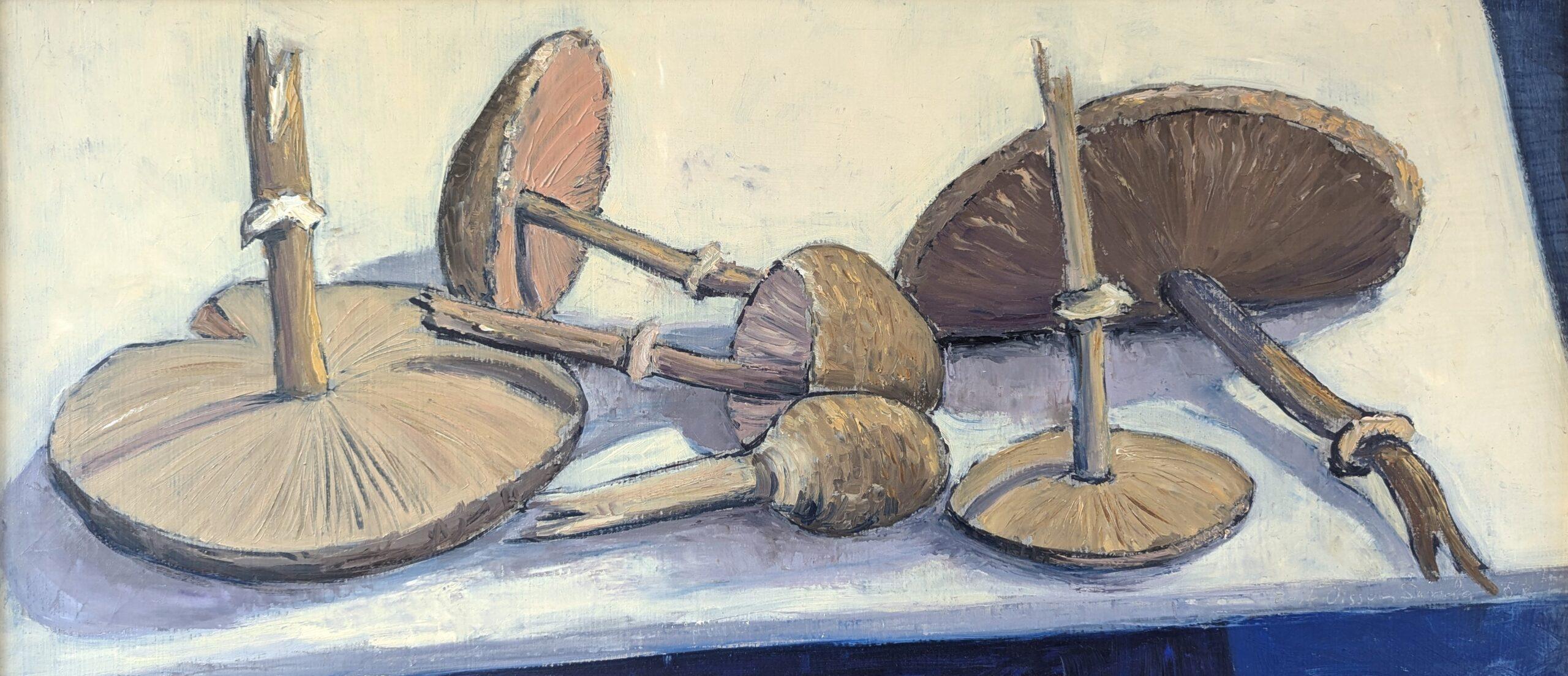 1957 Vintage Mid-Century Modern Original-Ölgemälde, Stillleben mit Fungi, Vintage im Angebot 3