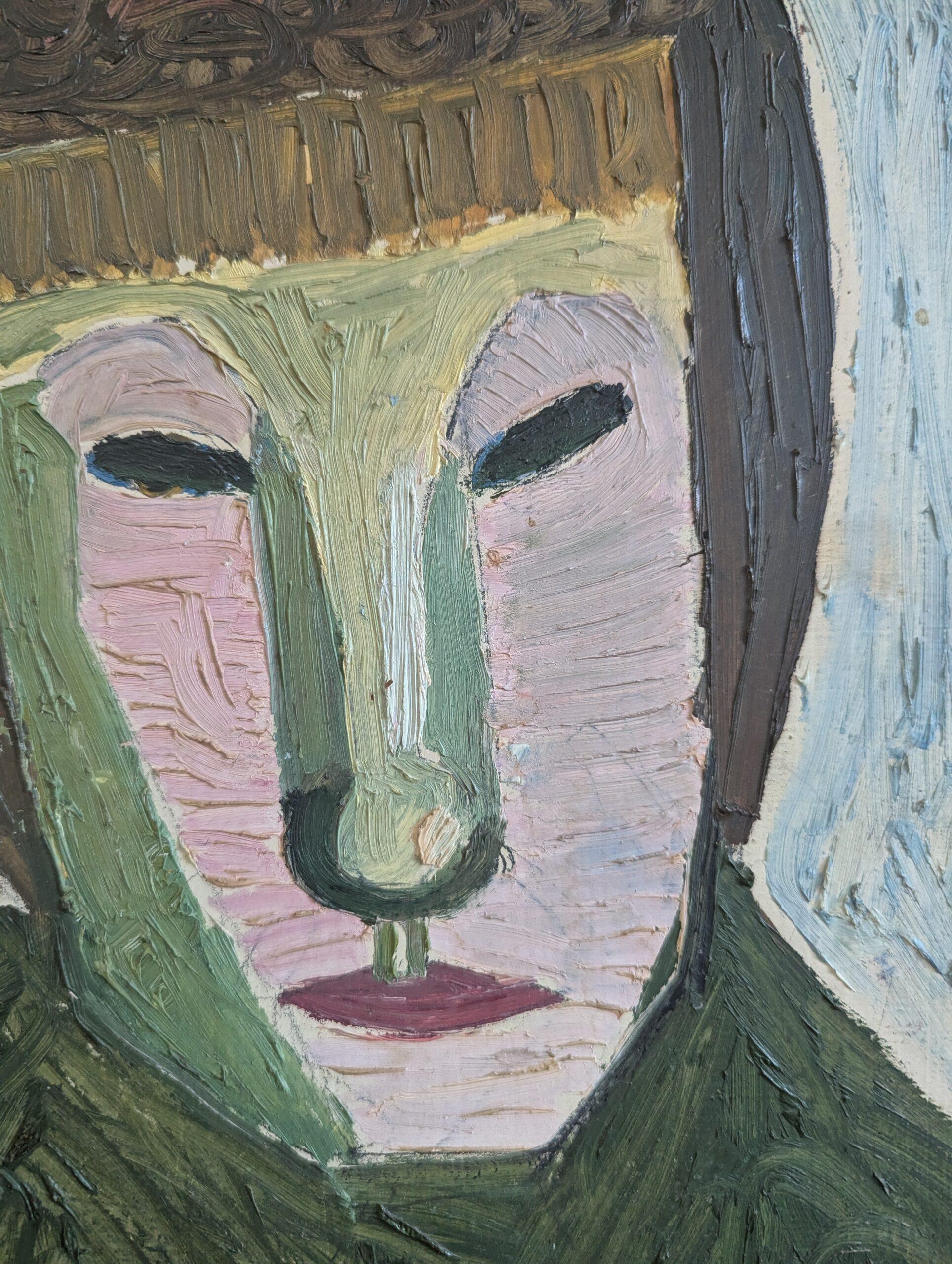 1957 Vintage Mid Century Modern Portrait Oil Painting - Behind the Mask For Sale 8