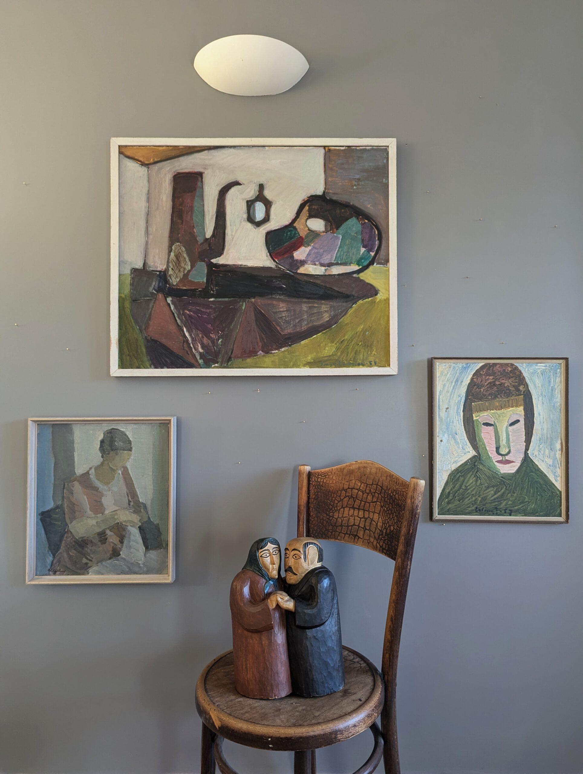 1957 Vintage Mid Century Modern Portrait Oil Painting - Behind the Mask - Gray Figurative Painting by Unknown