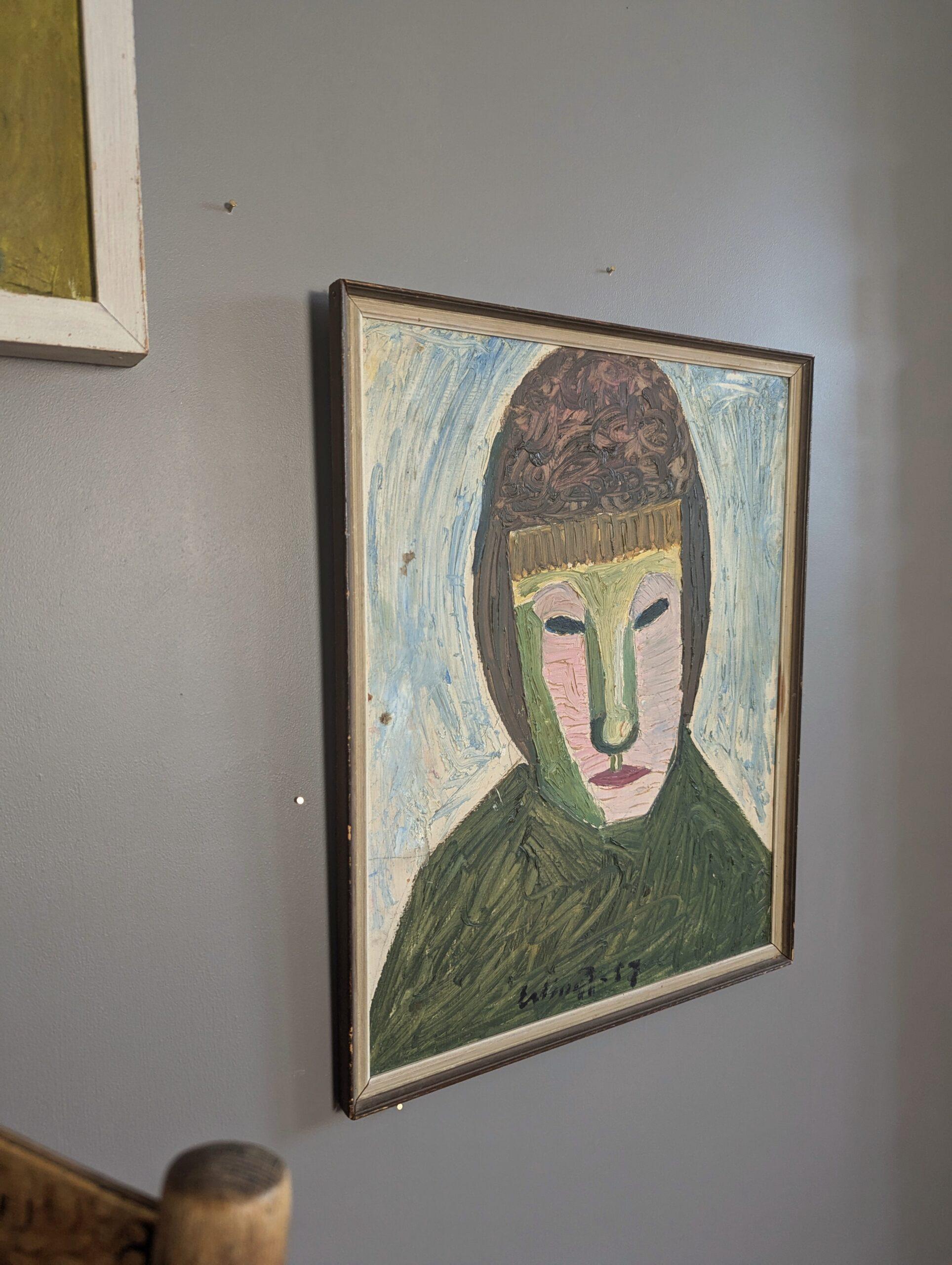 1957 Vintage Mid Century Modern Portrait Oil Painting - Behind the Mask For Sale 1