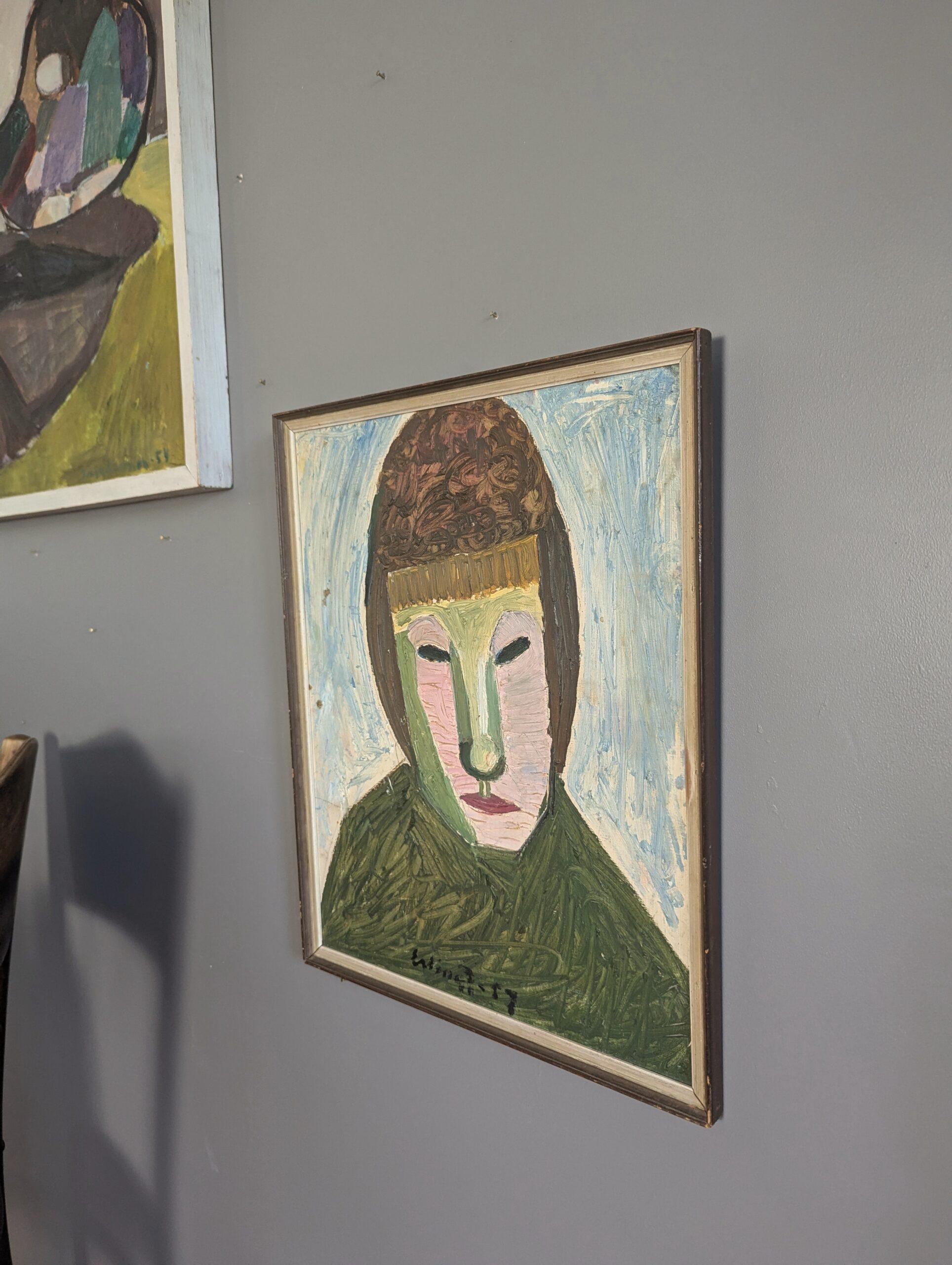 1957 Vintage Mid Century Modern Portrait Oil Painting - Behind the Mask For Sale 2