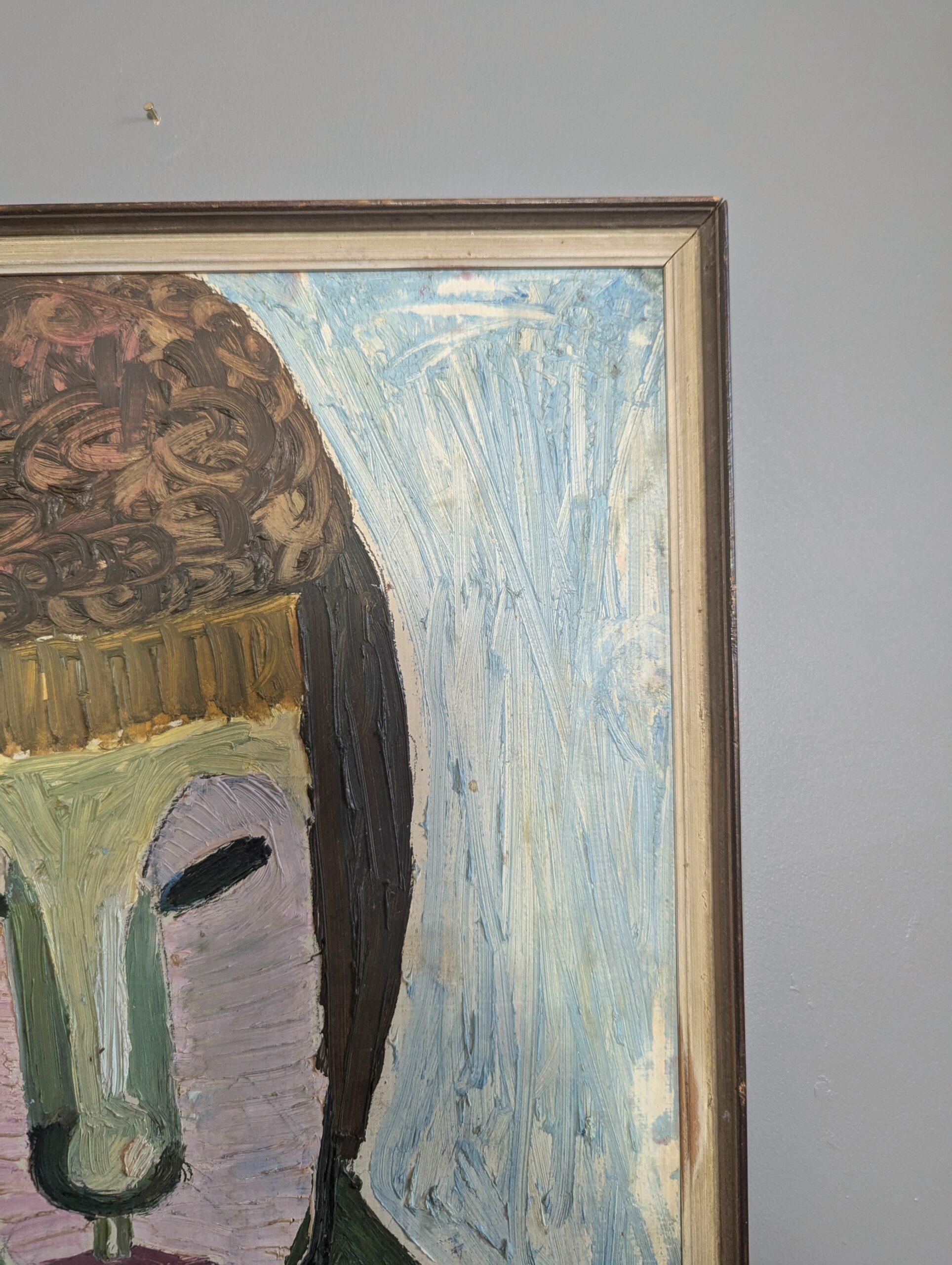 1957 Vintage Mid Century Modern Portrait Oil Painting - Behind the Mask For Sale 4