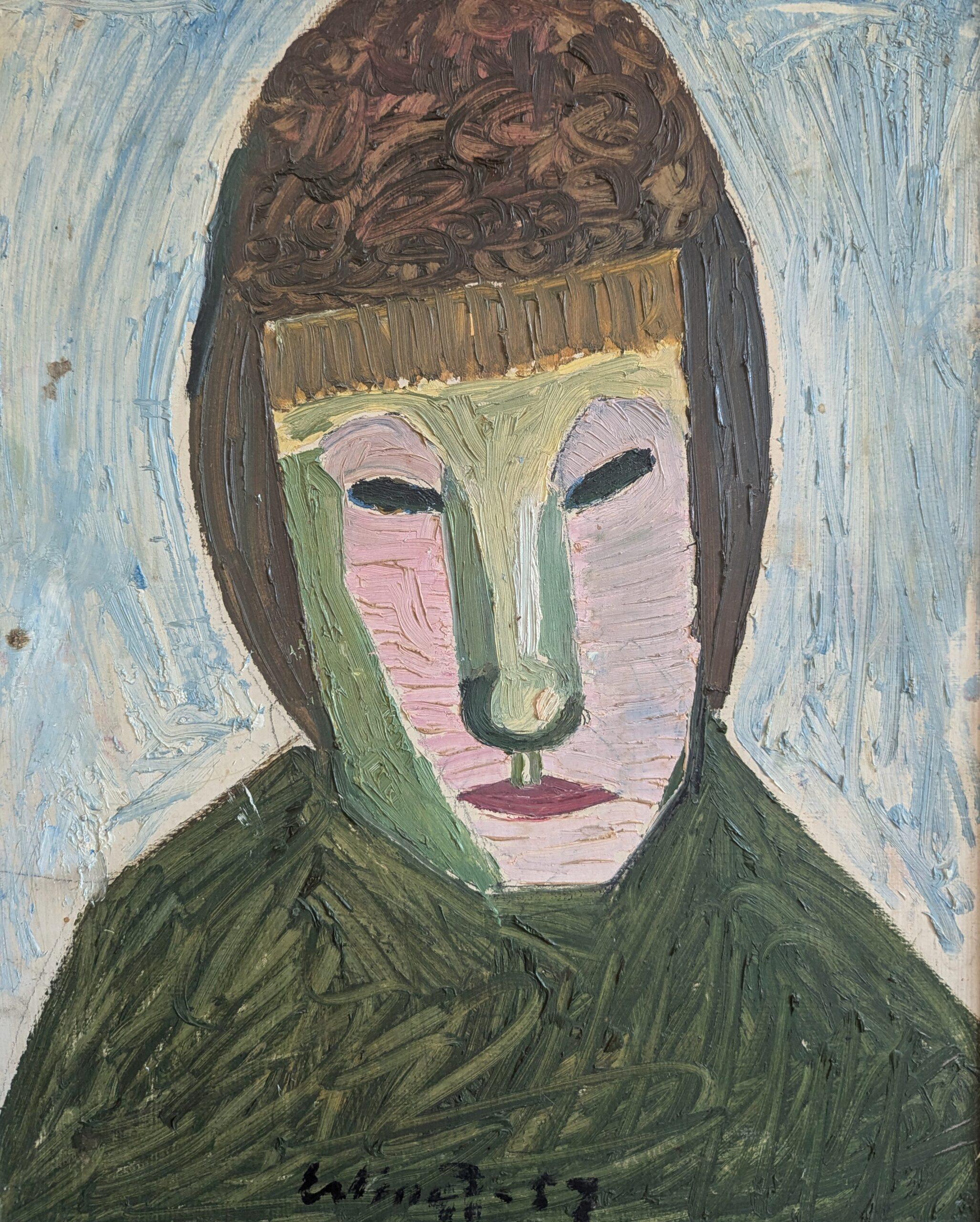1957 Vintage Mid Century Modern Portrait Oil Painting - Behind the Mask For Sale 5