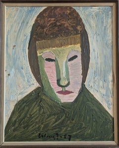 1957 Vintage Mid Century Modern Portrait Oil Painting - Behind the Mask (Derrière le masque)