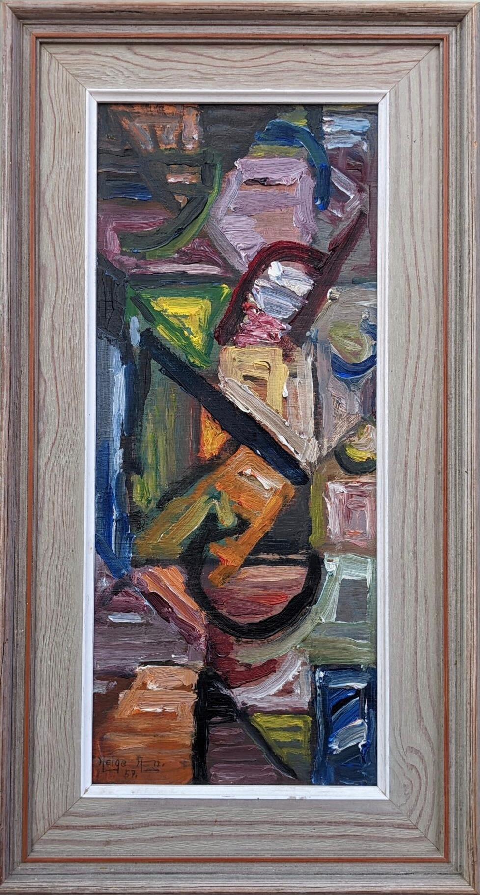 Unknown Abstract Painting - 1957 Vintage Mid Century Modern Swedish Abstract Framed Oil Painting - Assembly