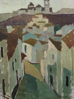 1957 Vintage Mid Century Spanish Cityscape Oil Painting, Framed - Modernist Town