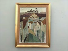 1957 Vintage Mid Century Spanish Cityscape Oil Painting, Framed - Modernist Town