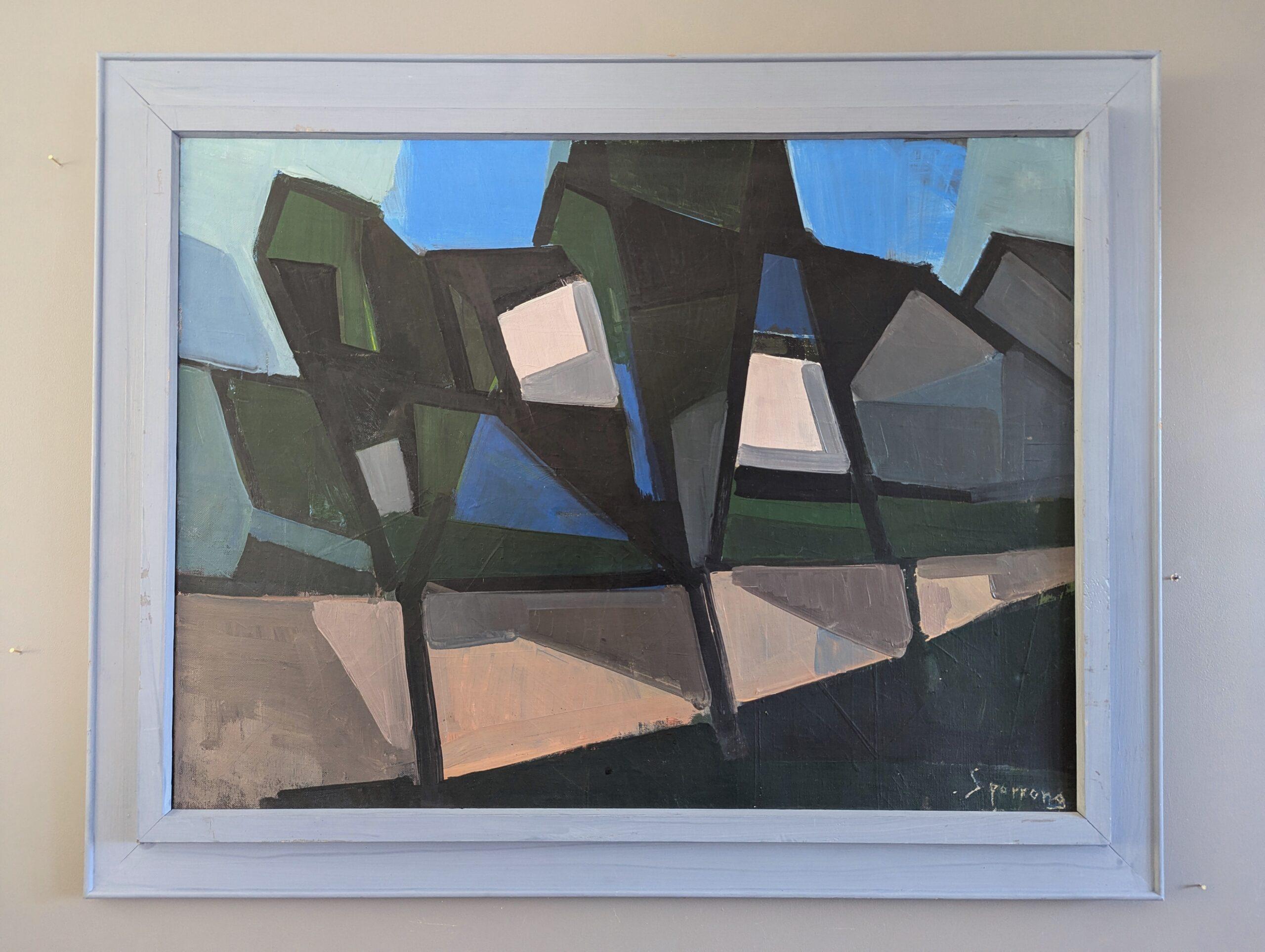 1958 Pittura ad olio di paesaggio astratto della metà del secolo scorso - Sentiero geometrico - Painting di Unknown