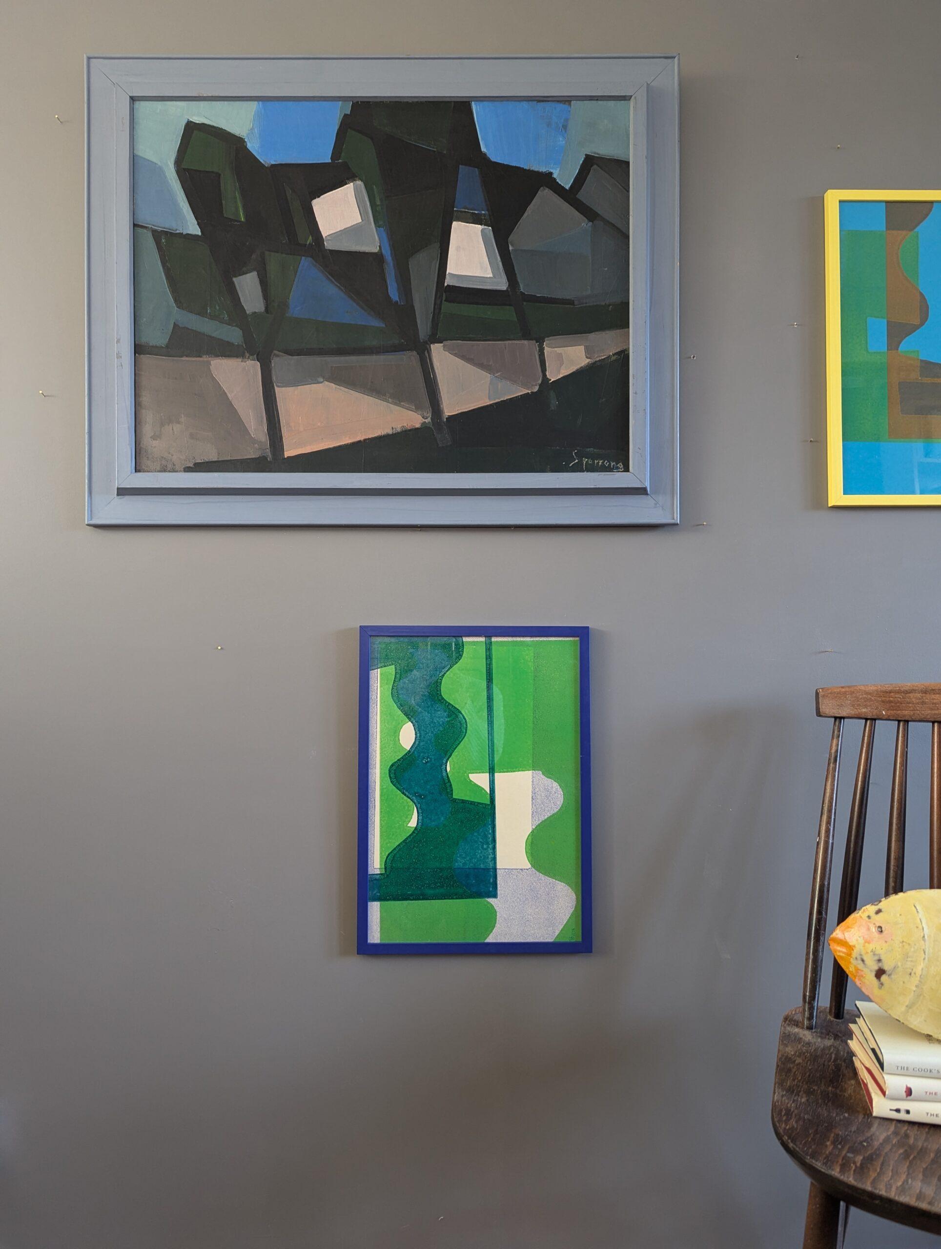 1958 Pittura ad olio di paesaggio astratto della metà del secolo scorso - Sentiero geometrico - Landscape Painting Grigio di Unknown
