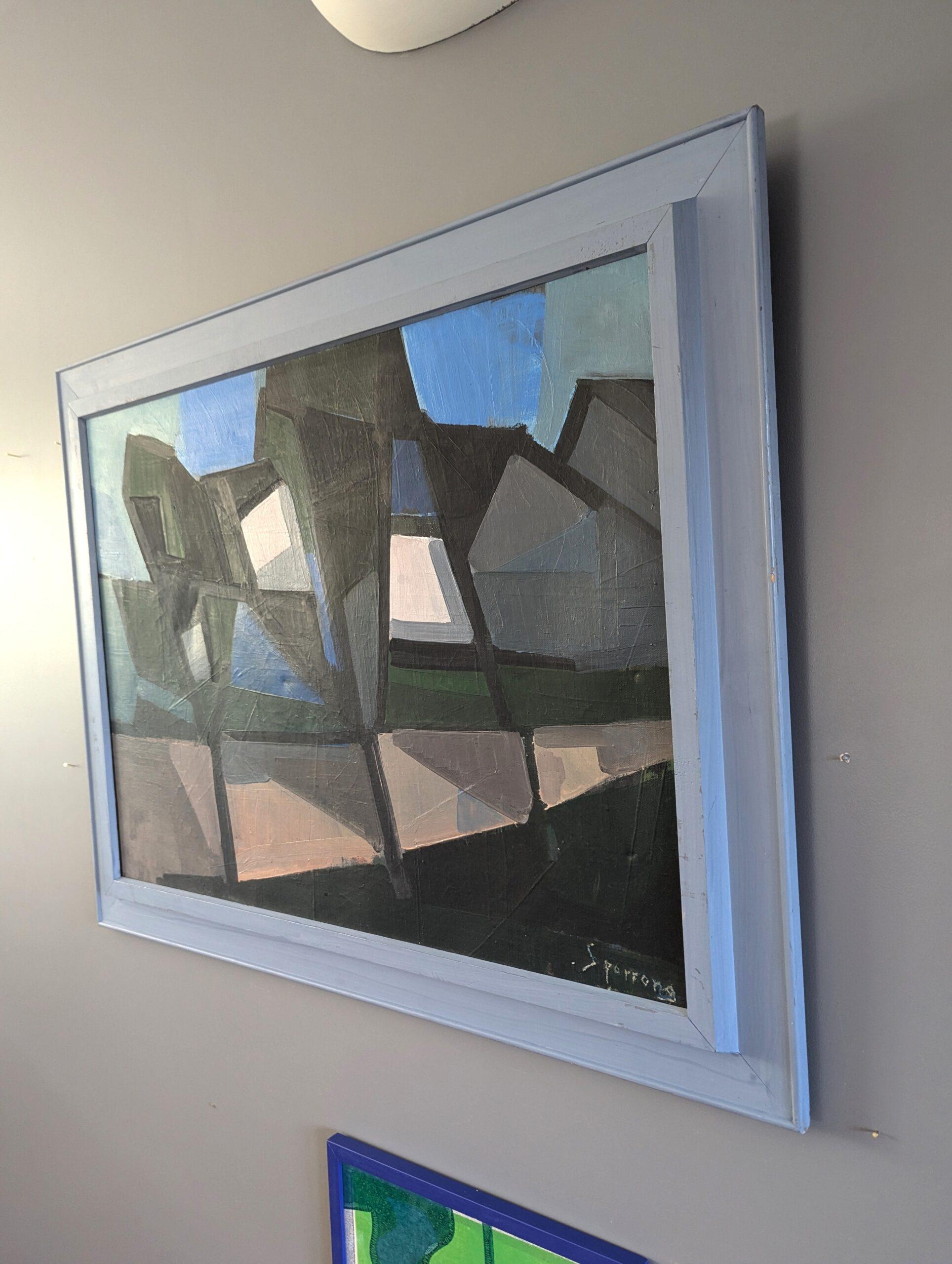 1958 Pittura ad olio di paesaggio astratto della metà del secolo scorso - Sentiero geometrico in vendita 1