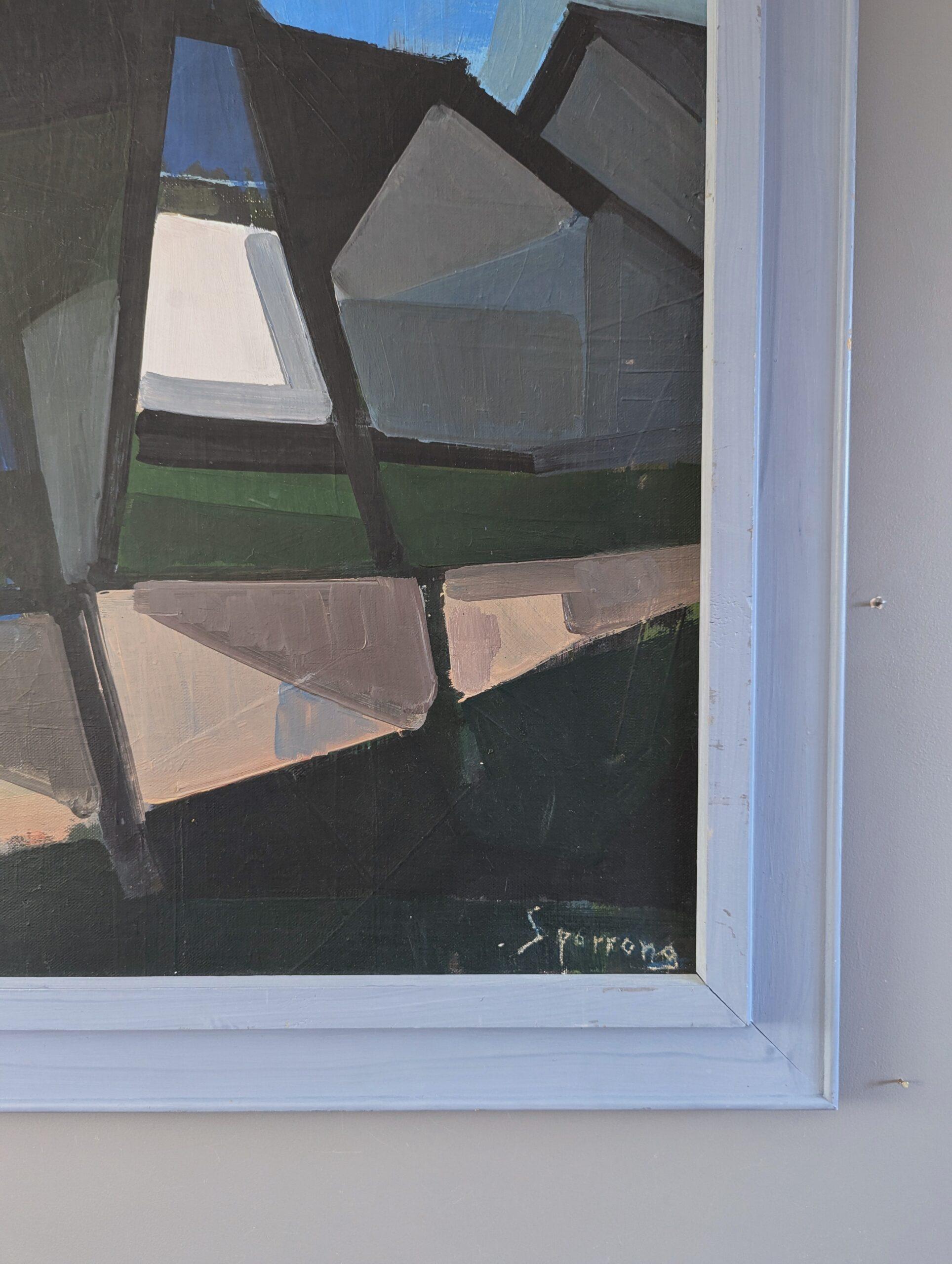 1958 Pittura ad olio di paesaggio astratto della metà del secolo scorso - Sentiero geometrico in vendita 3