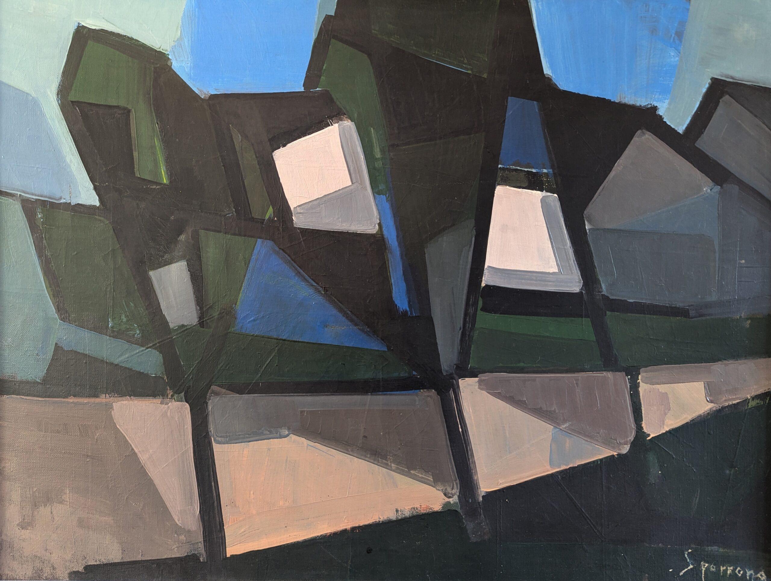 1958 Pittura ad olio di paesaggio astratto della metà del secolo scorso - Sentiero geometrico in vendita 4