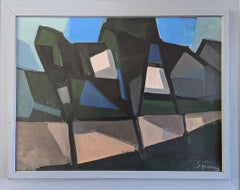 1958 Pittura ad olio di paesaggio astratto della metà del secolo scorso - Sentiero geometrico