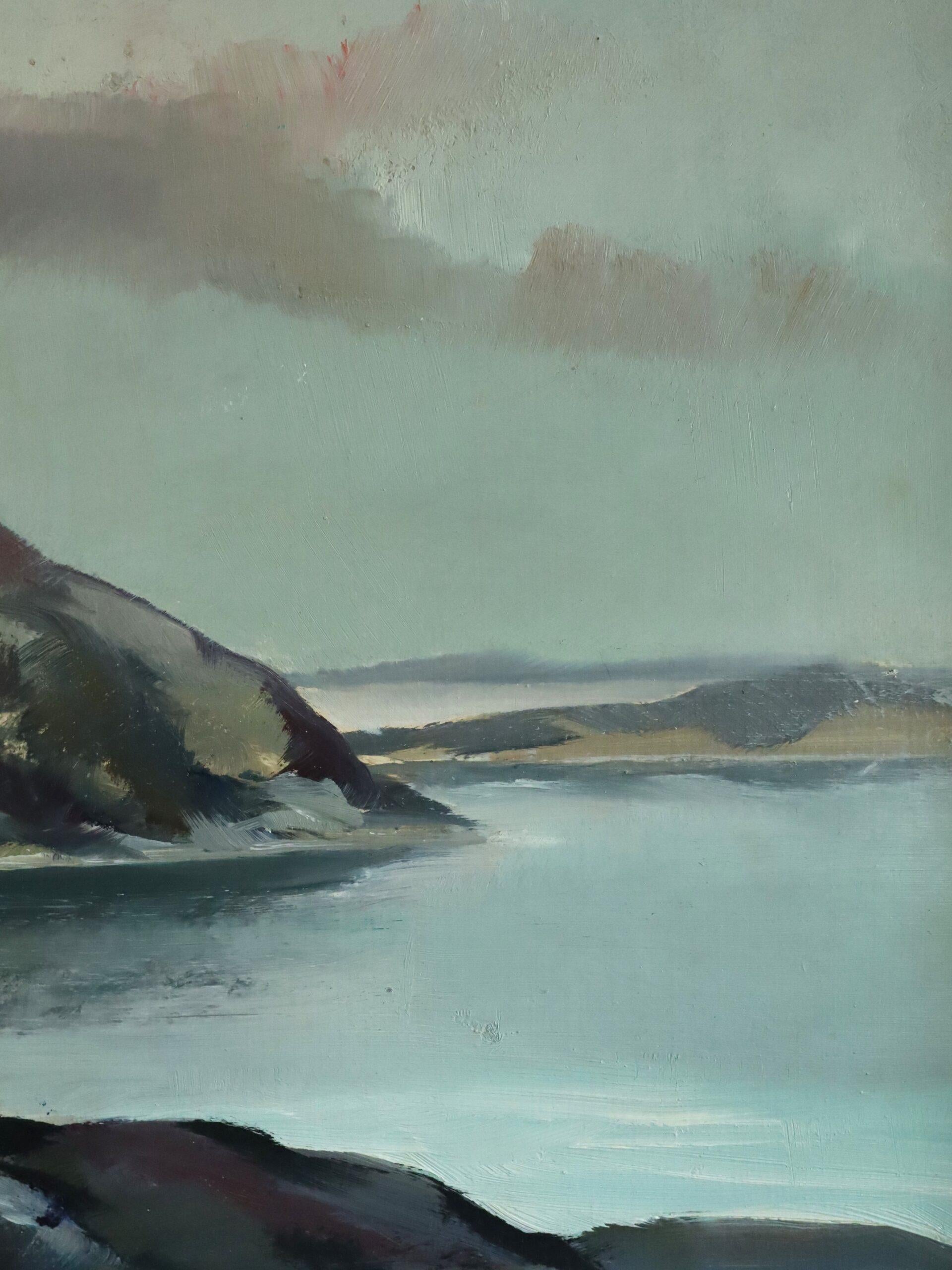1958 Mid Century Modern Coastal Landscape Oil Painting -Twilight Over Bay For Sale 7