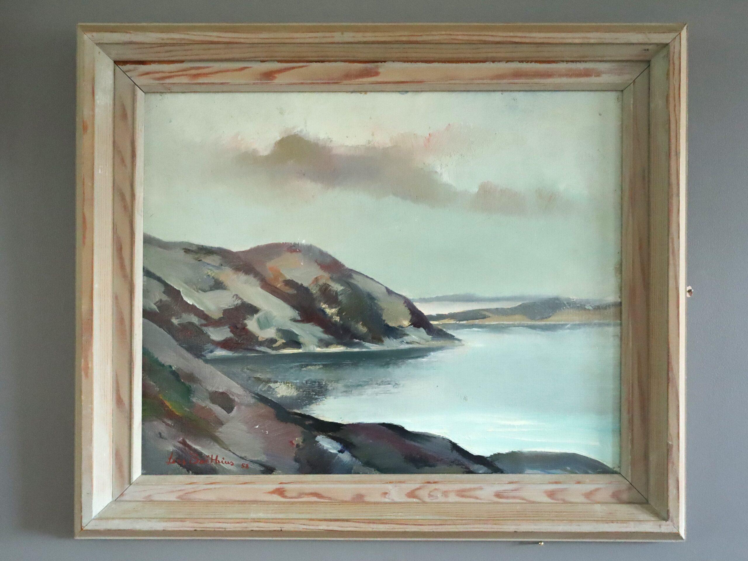 1958 Mid Century Modern Coastal Landscape Oil Painting -Twilight Over Bay - Gray Landscape Painting by Unknown