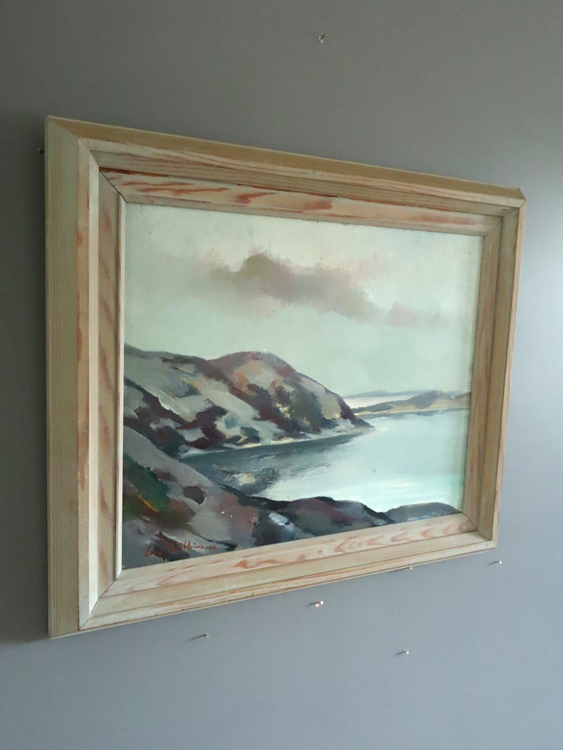 TWILIGHT OVER BAY
Size: 44 x 52 cm (including frame)
Oil on board

An expressive mid-century modernist painting that captures a tranquil coastal landscape bathed in the cool hush of evening light, executed in oil onto board and dated 1958. 

A