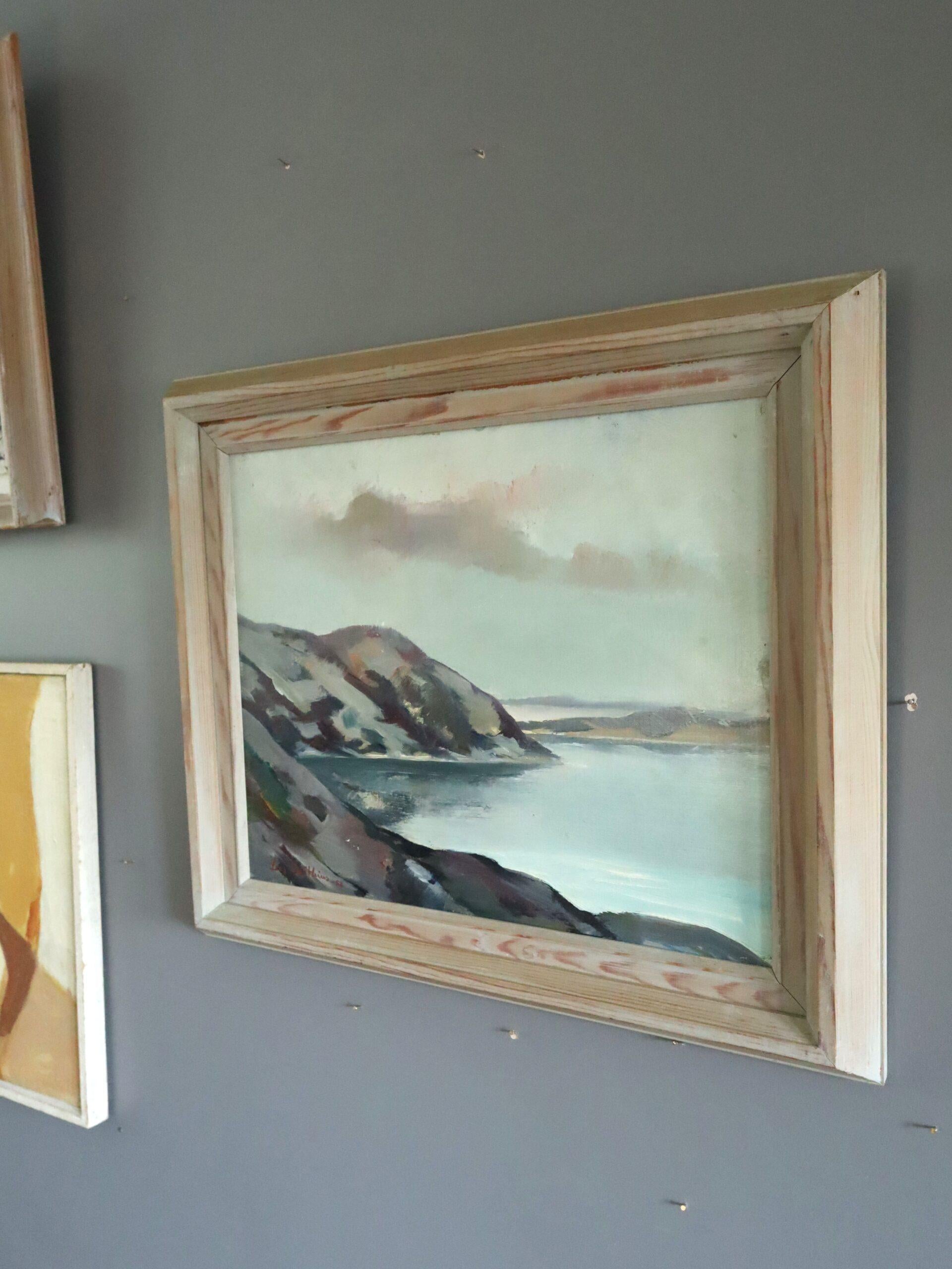 1958 Mid Century Modern Coastal Landscape Oil Painting -Twilight Over Bay For Sale 1